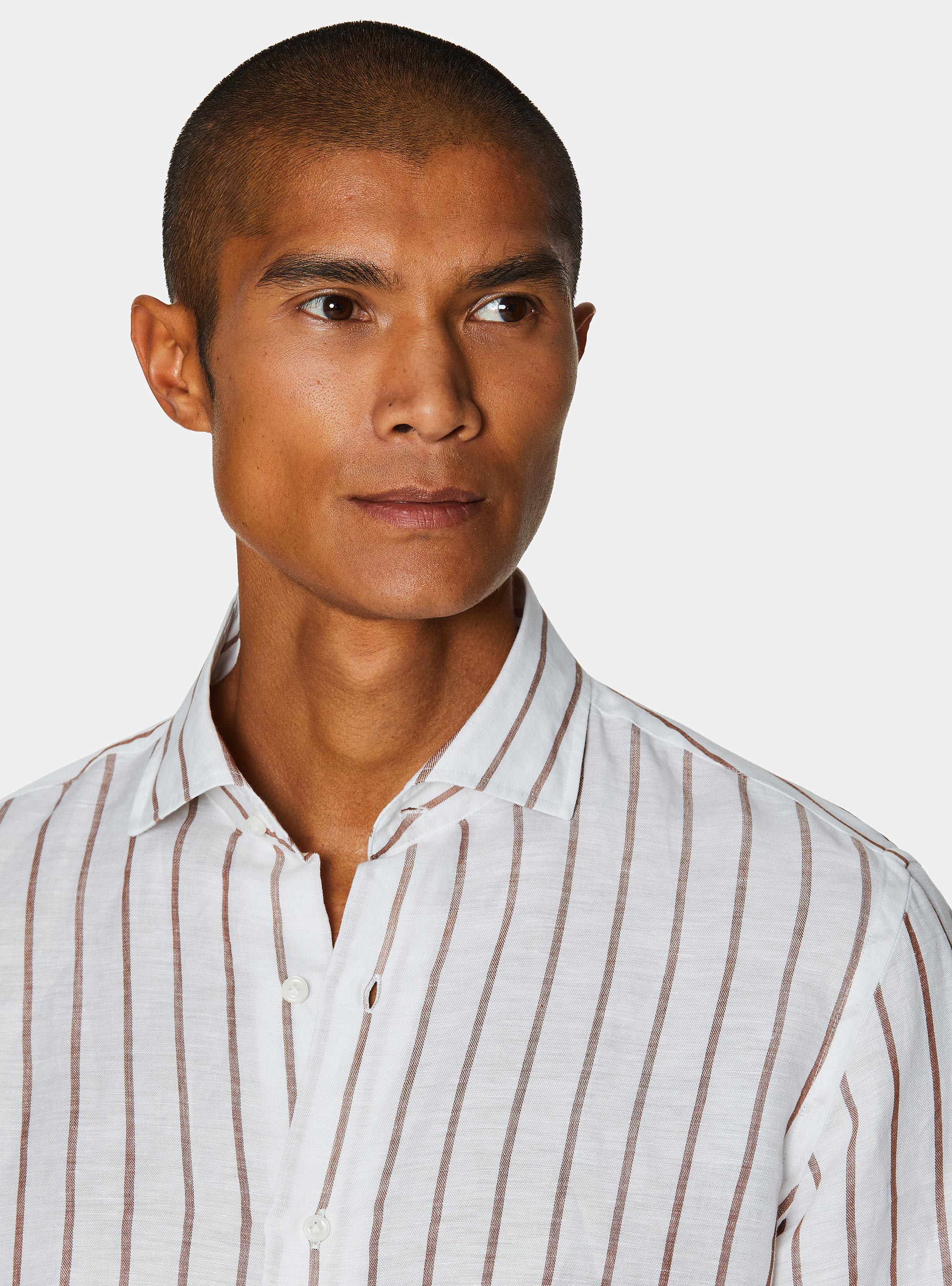 Camisa de rayas en mezcla de lino, MARRON