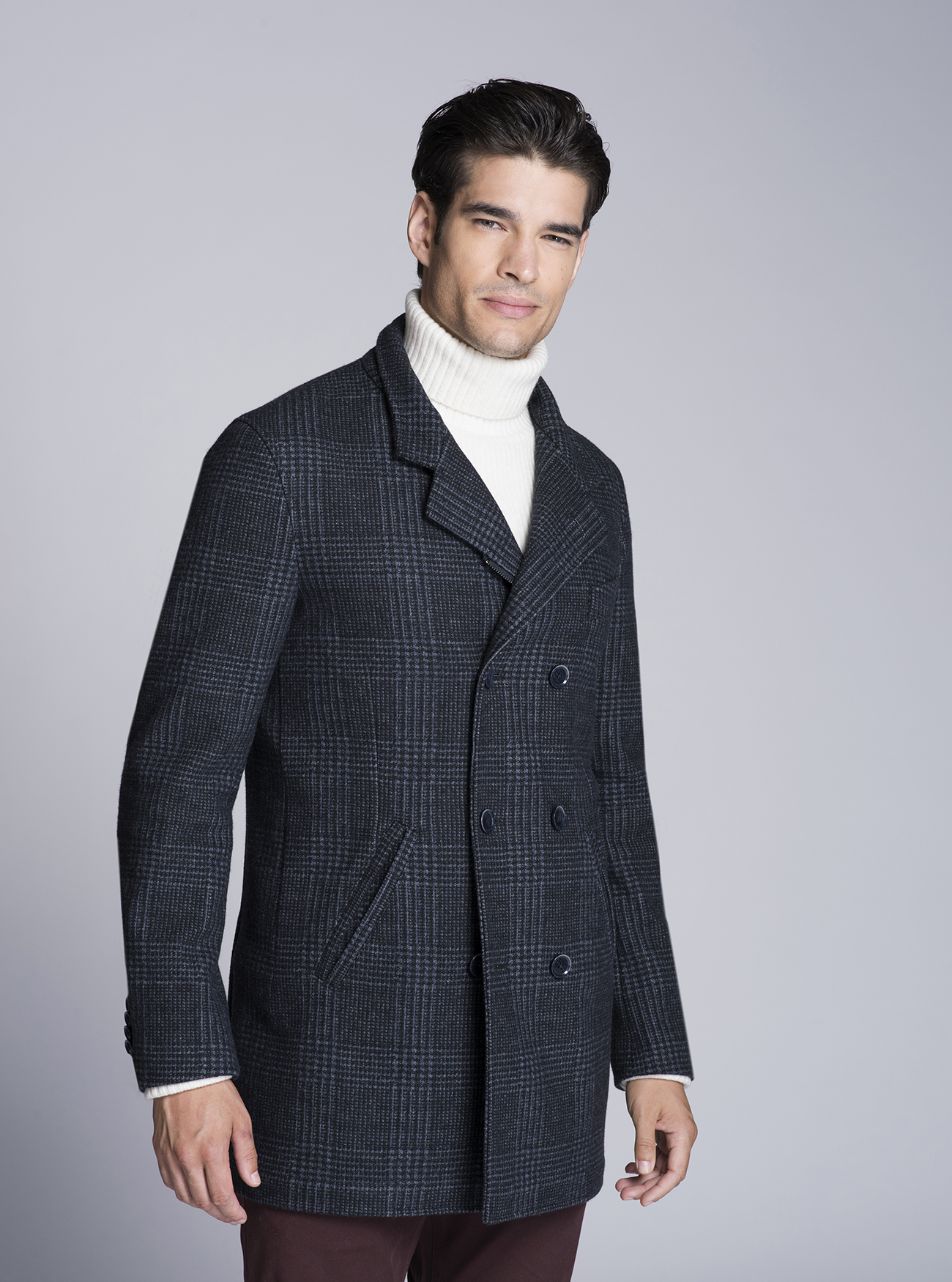 Giaccone doppiopetto a quadri con zip, BLU NAVY