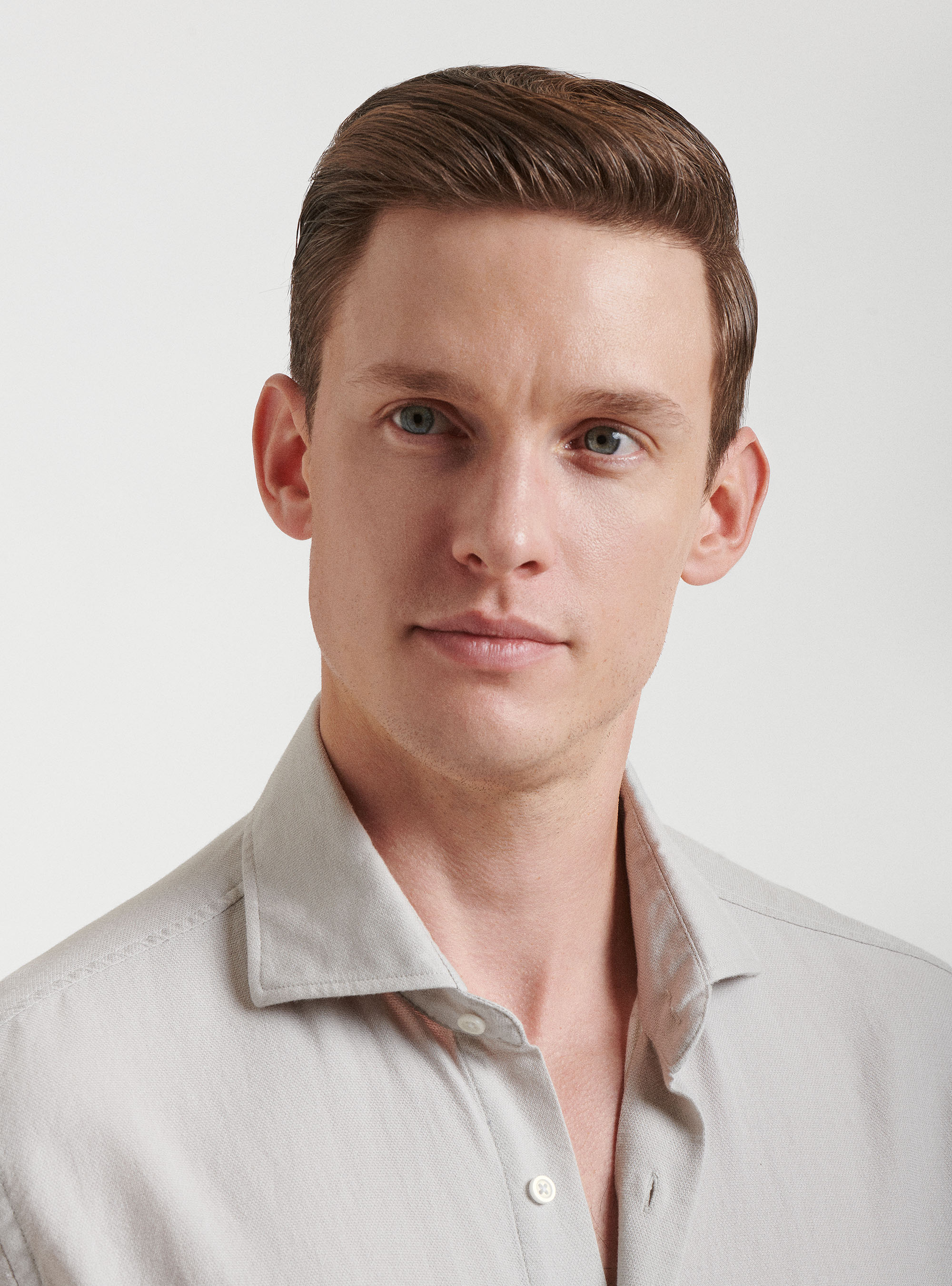 Semi-French collar shirt in pure gauzed cotton, ECRU