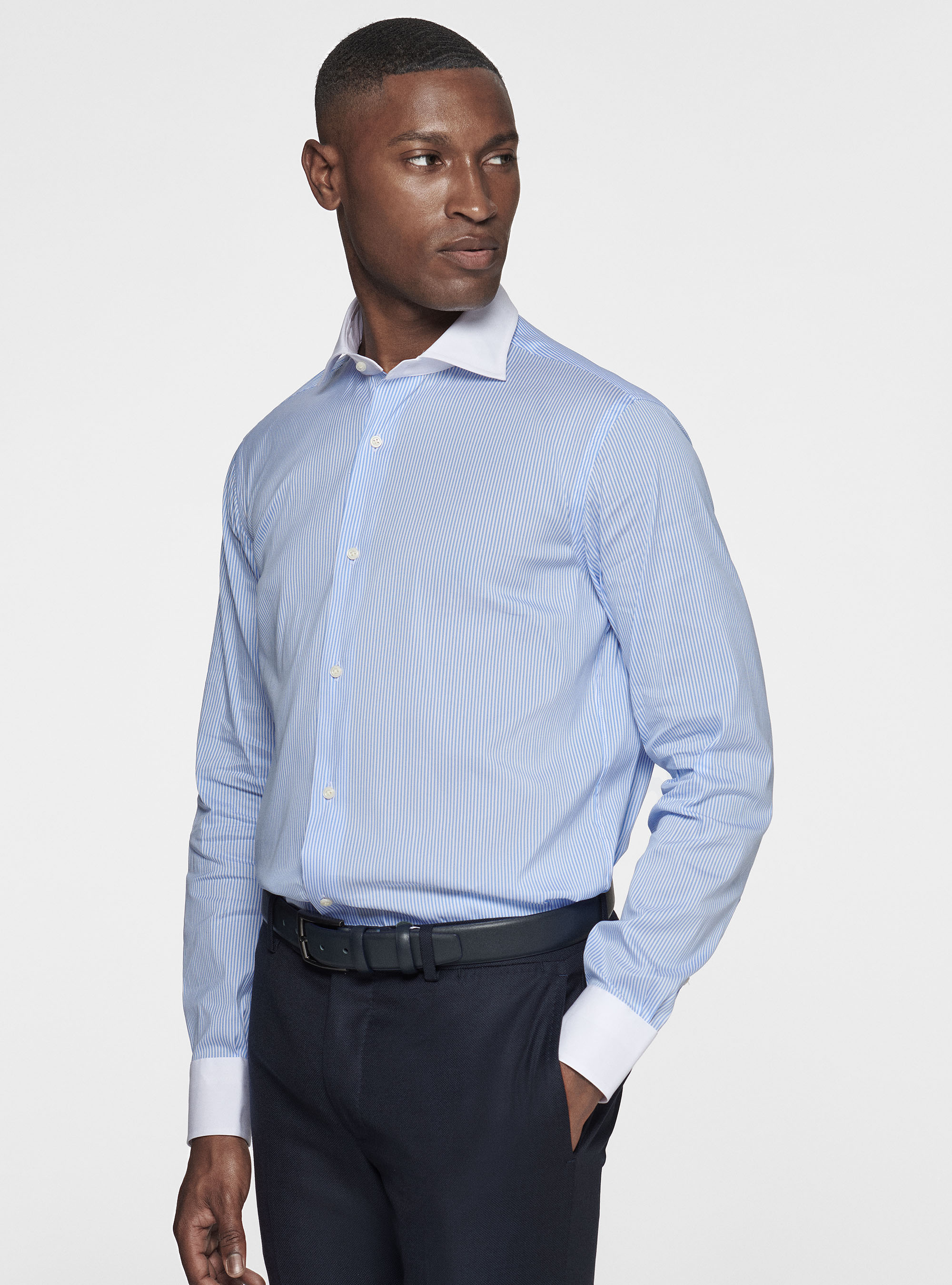Camicia rigata in popeline stretch con contrasto, AZZURRO
