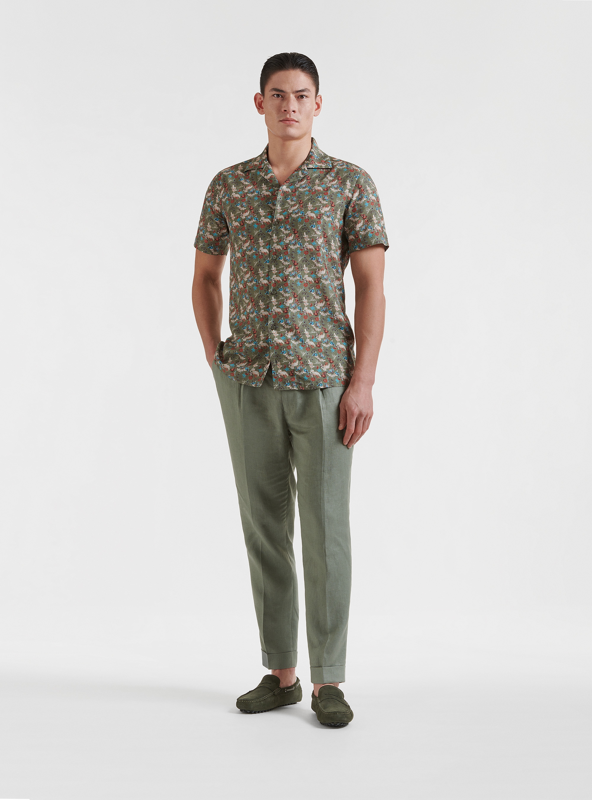 Pantaloni con pince e coulisse in puro lino, SALVIA 0602C