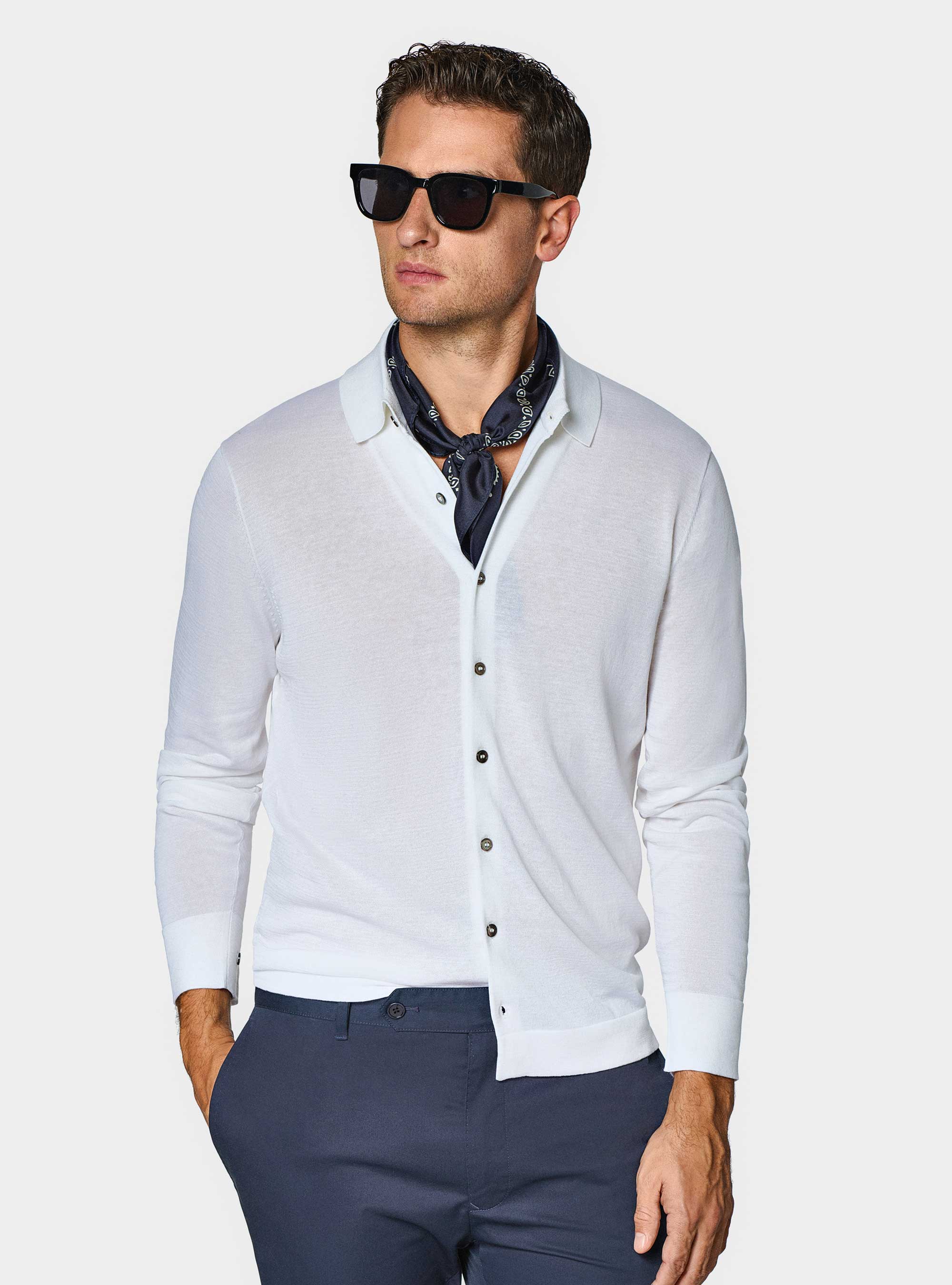 Polo camicia in maglia in cotone e seta, BIANCO