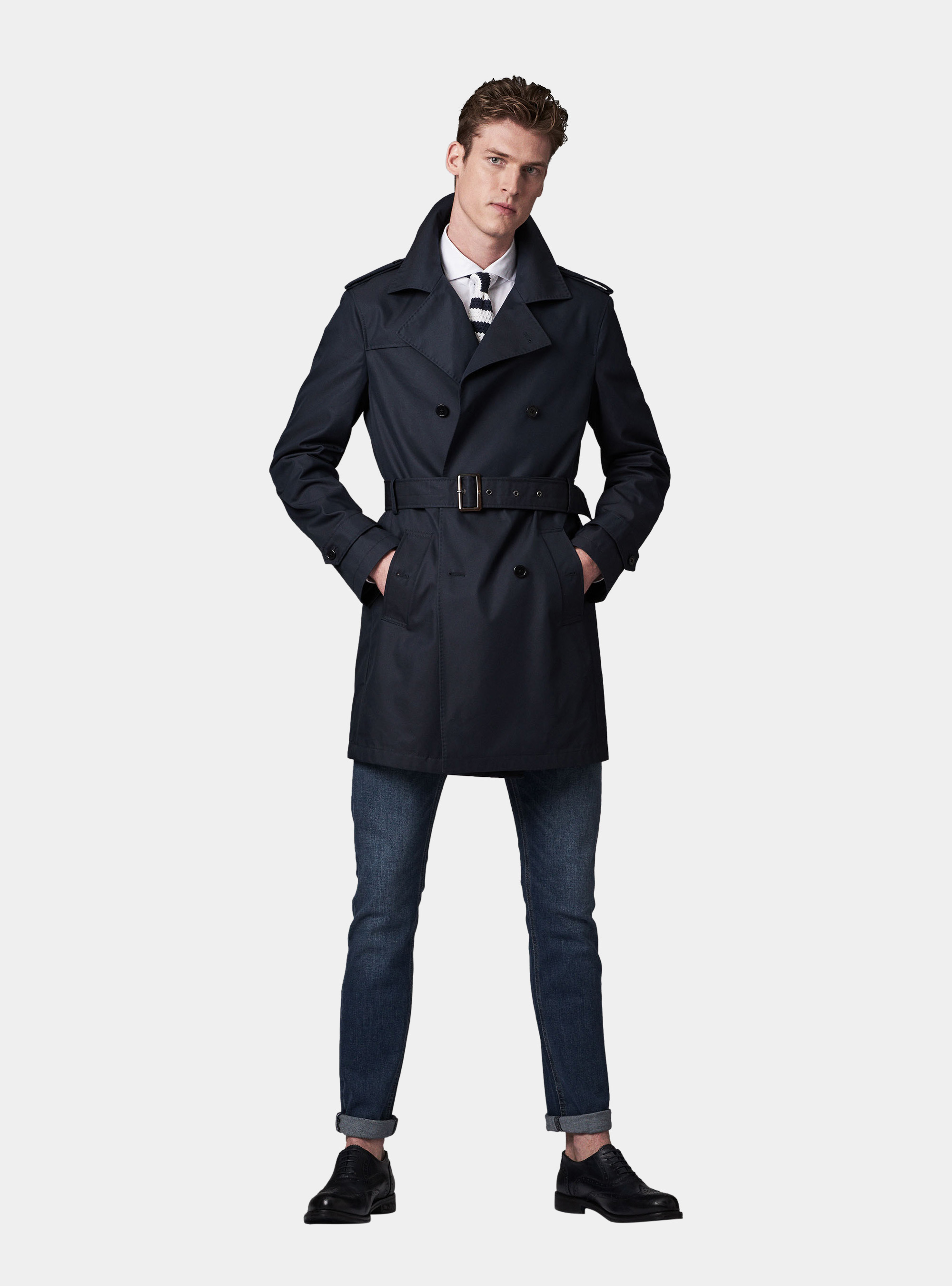 Trench blend technical cotton double-breasted, NAVY BLUE