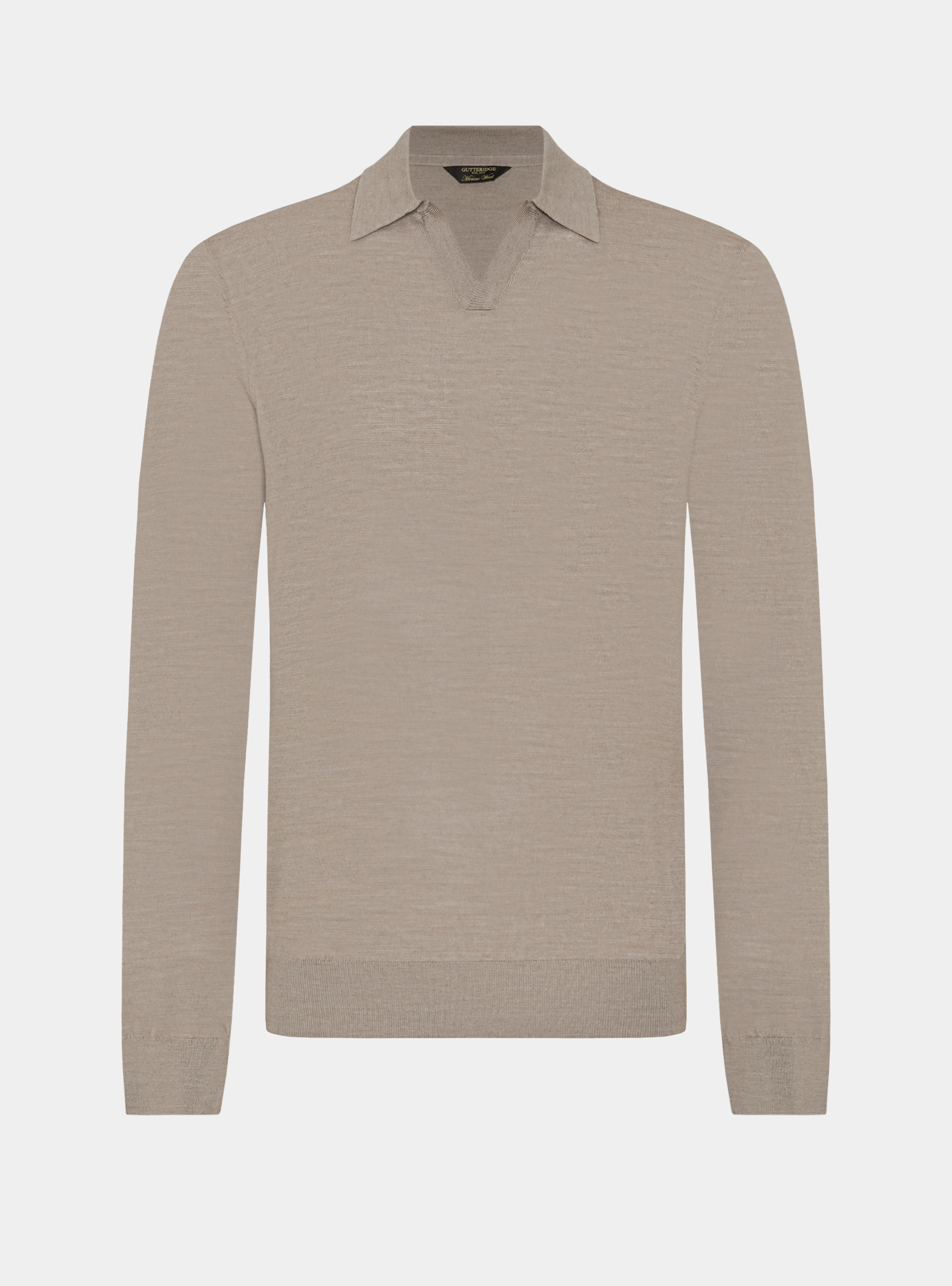 Polo collo senza bottoni in maglia lana merino, FANGO 0555C