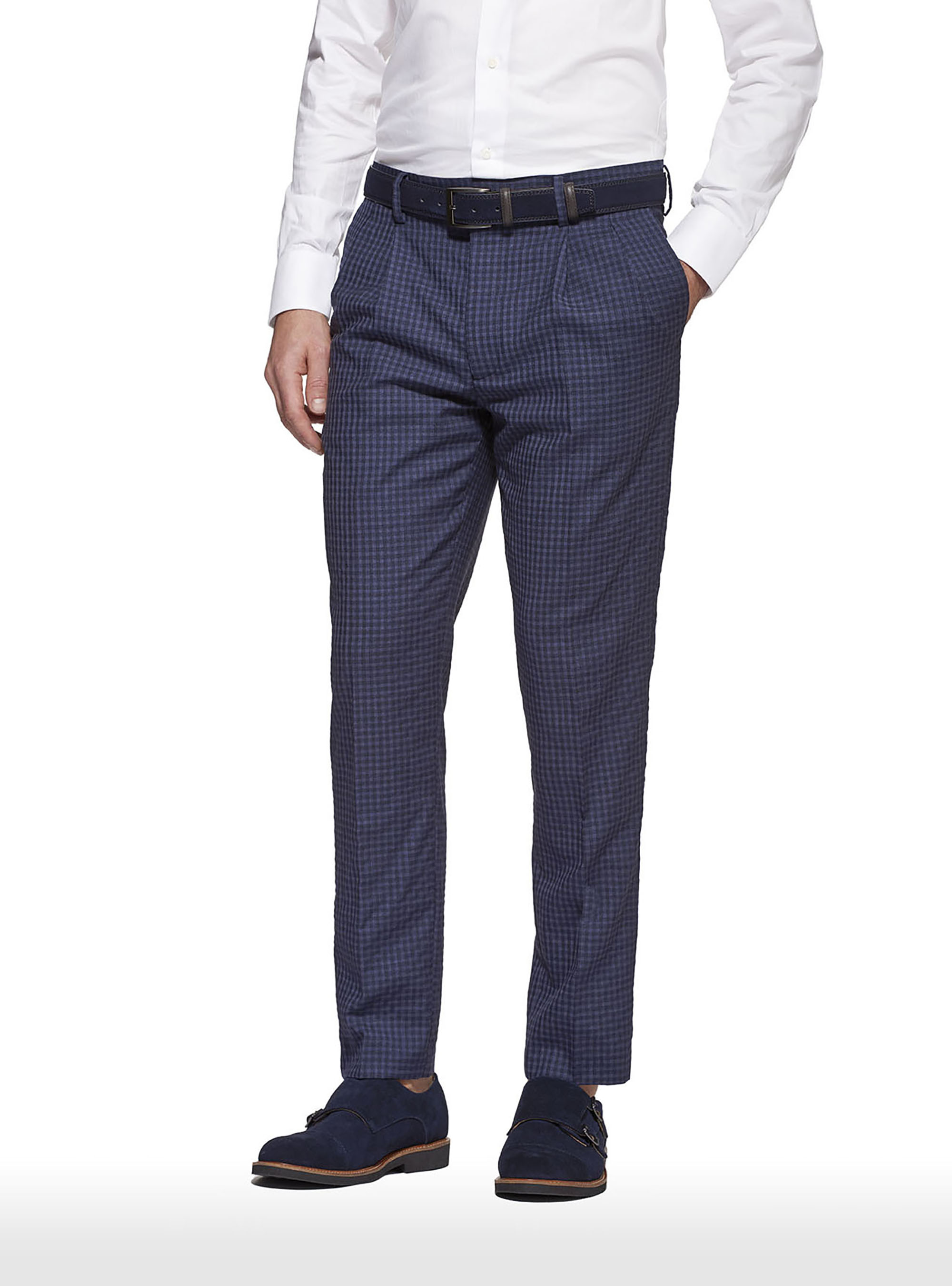 Pantaloni check in lana sfumata, BLU NAVY