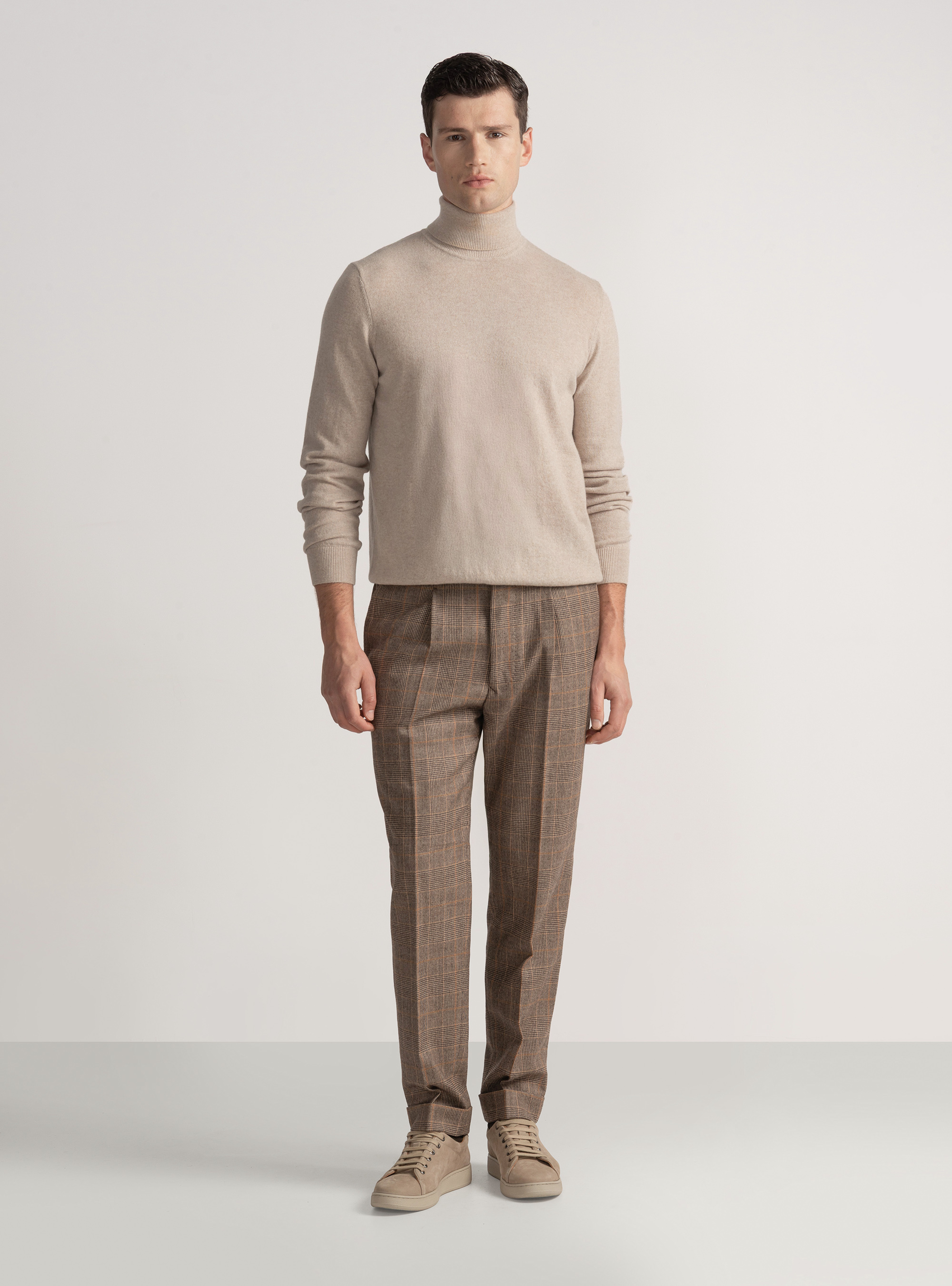 Pantaloni con pince a fantasia in misto lana, MARRONE