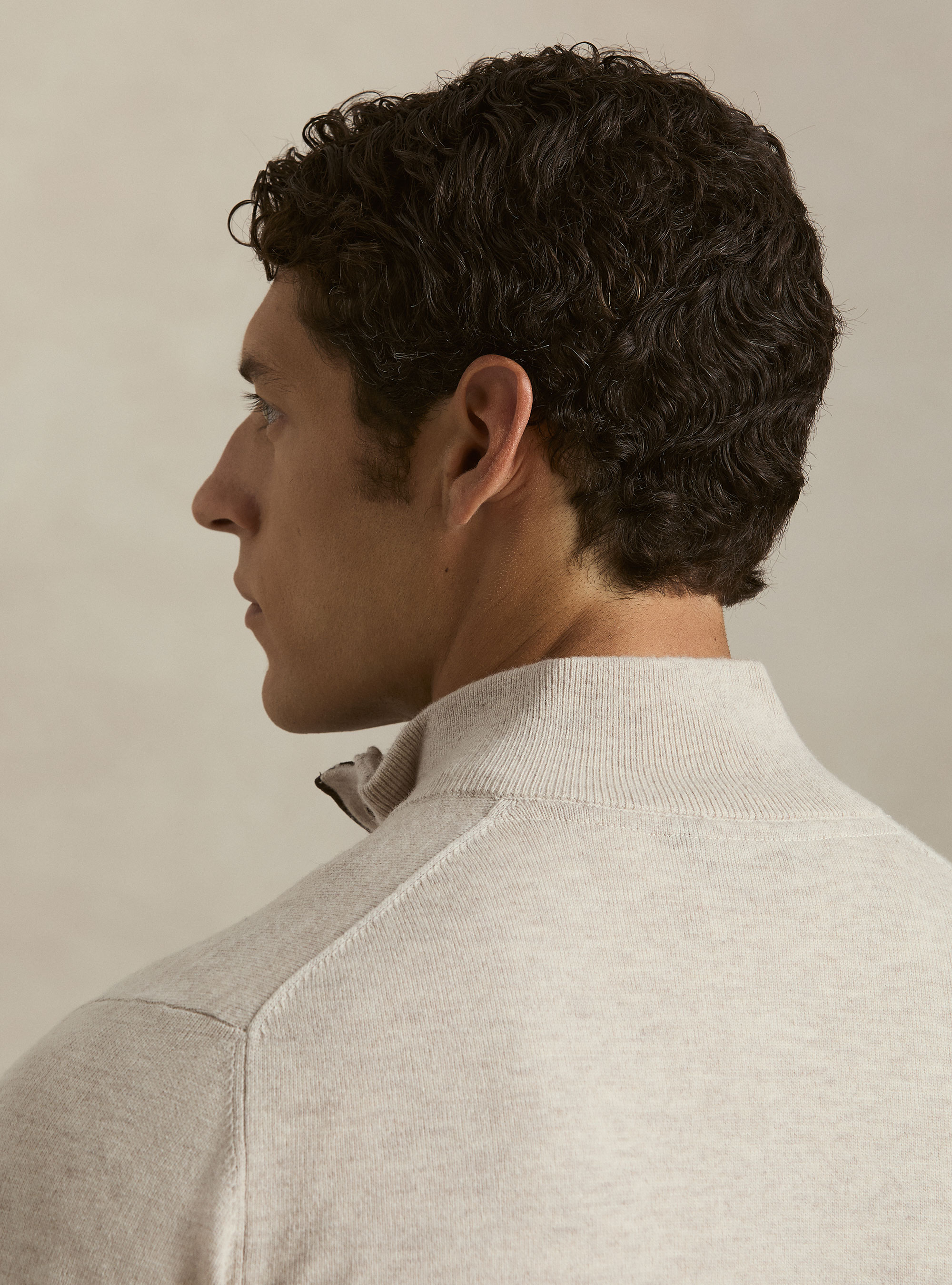 Half-zip wool blend sweater with elbow patches, ECRU