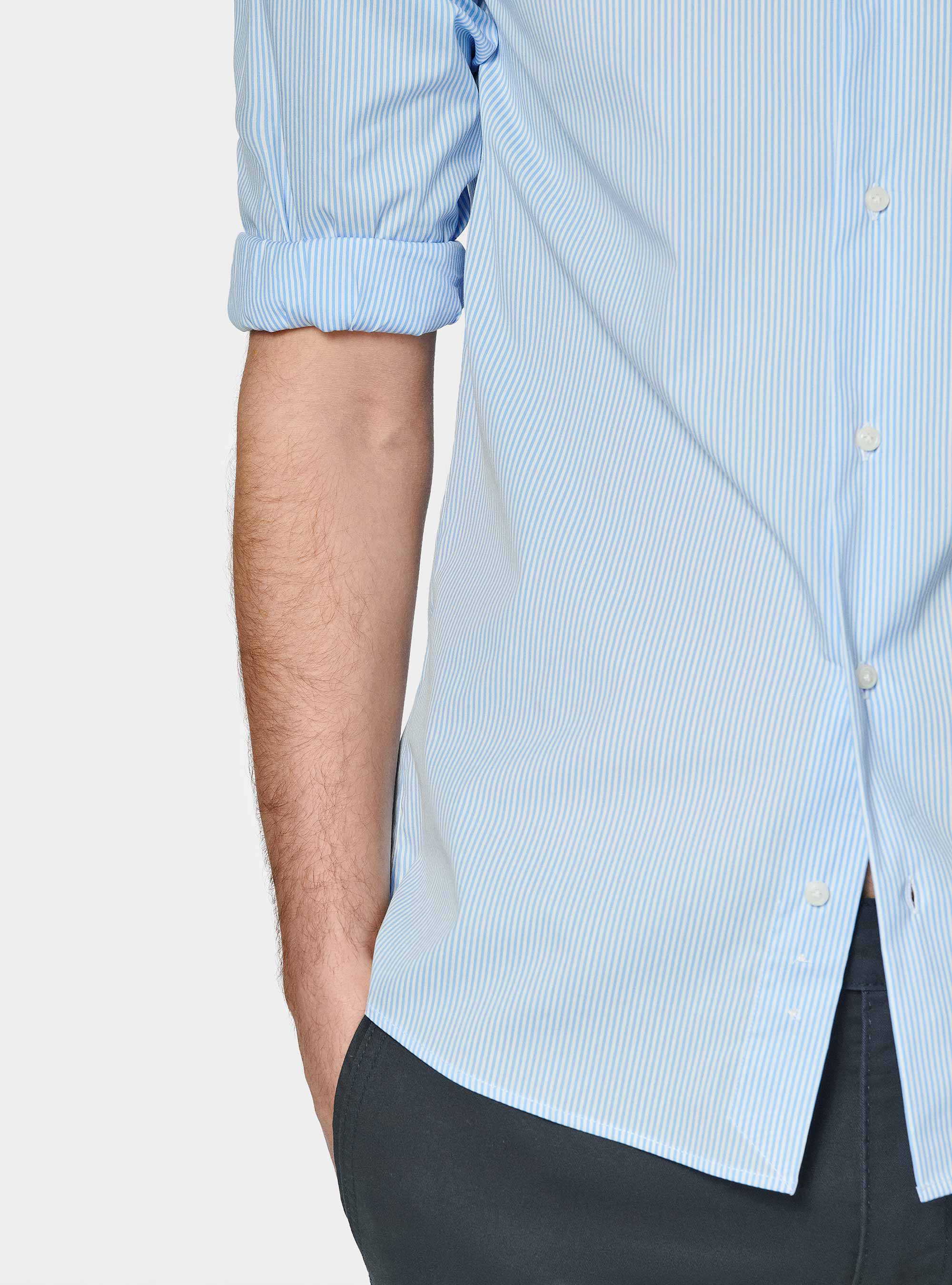 Camicia rigata in popeline stretch, AZZURRO