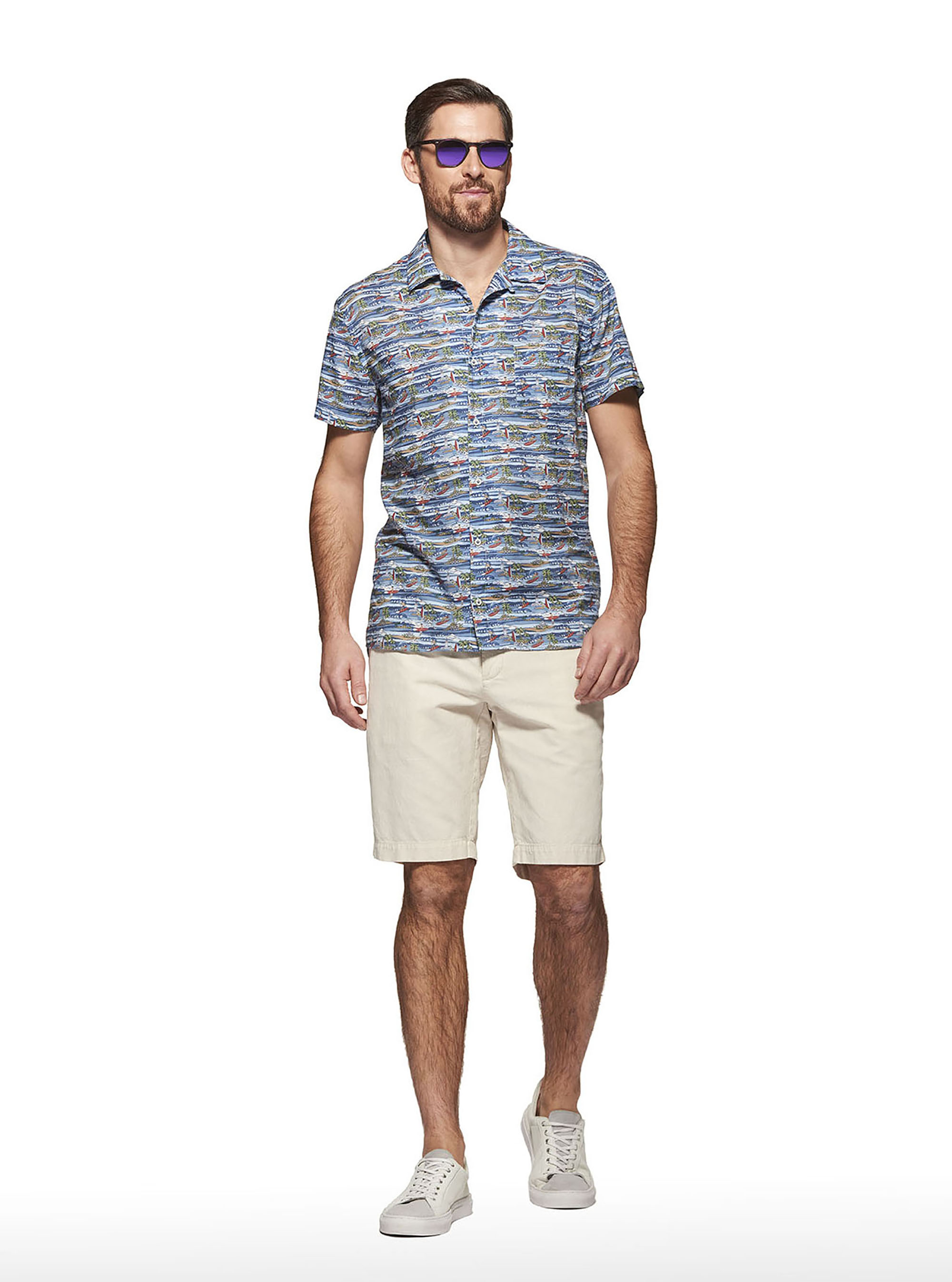 Camisa de cuello de bolos de algod&oacute;n estampado hawaiano, TROPICAL