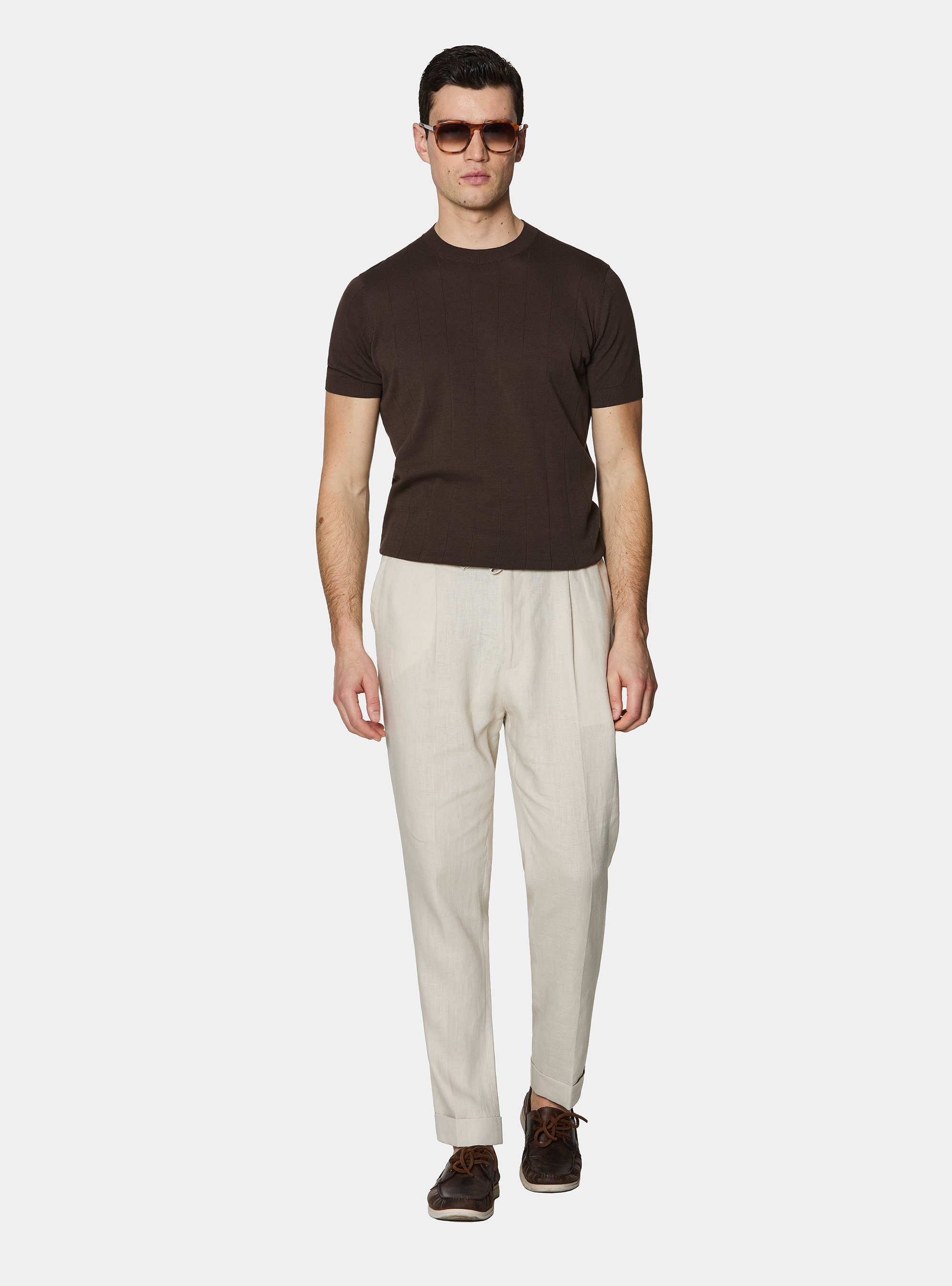 Pantaloni in puro lino con pince e coulisse, ECRU