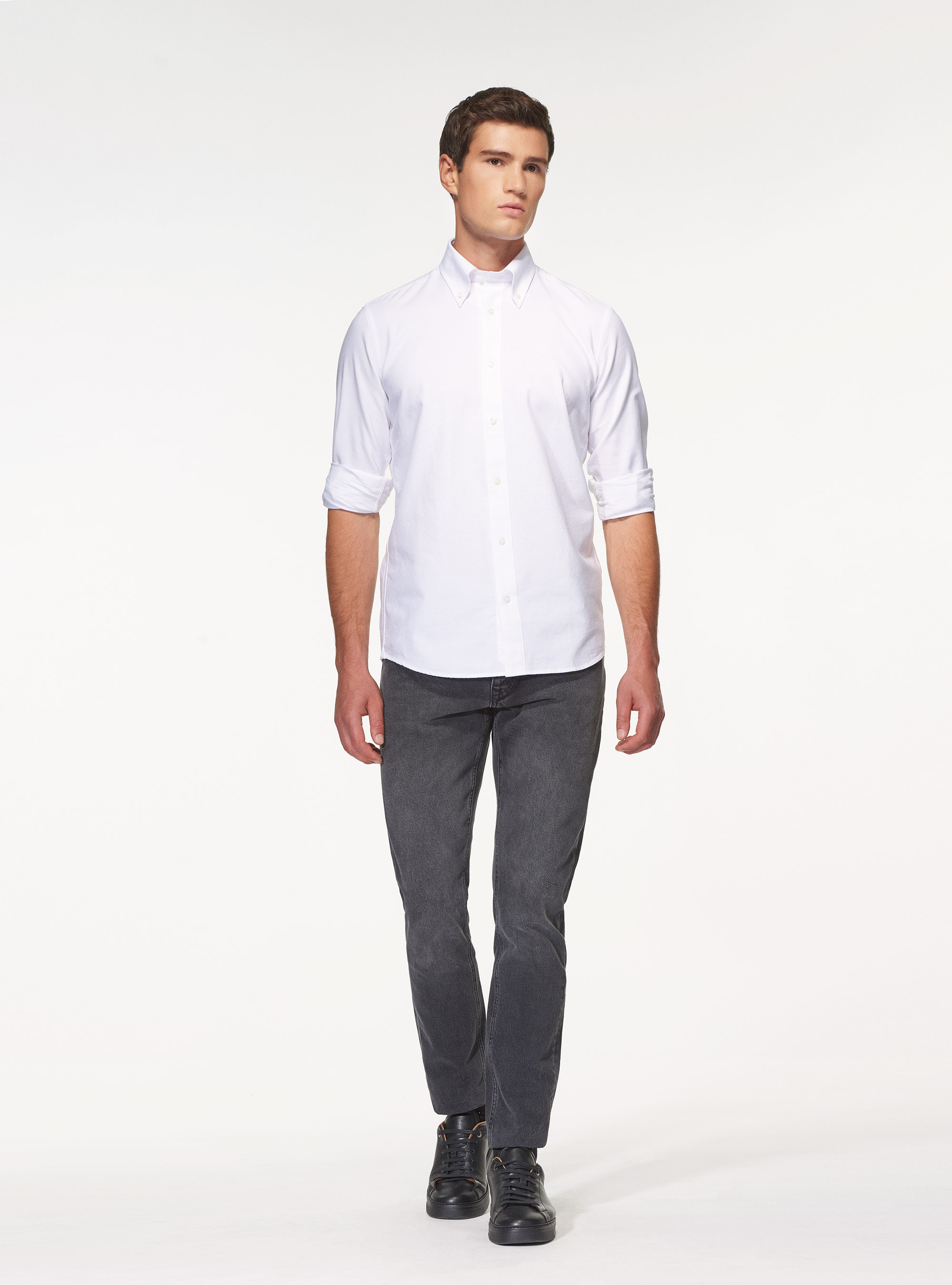 Camicia collo button down in cotone oxford lavato, BIANCO