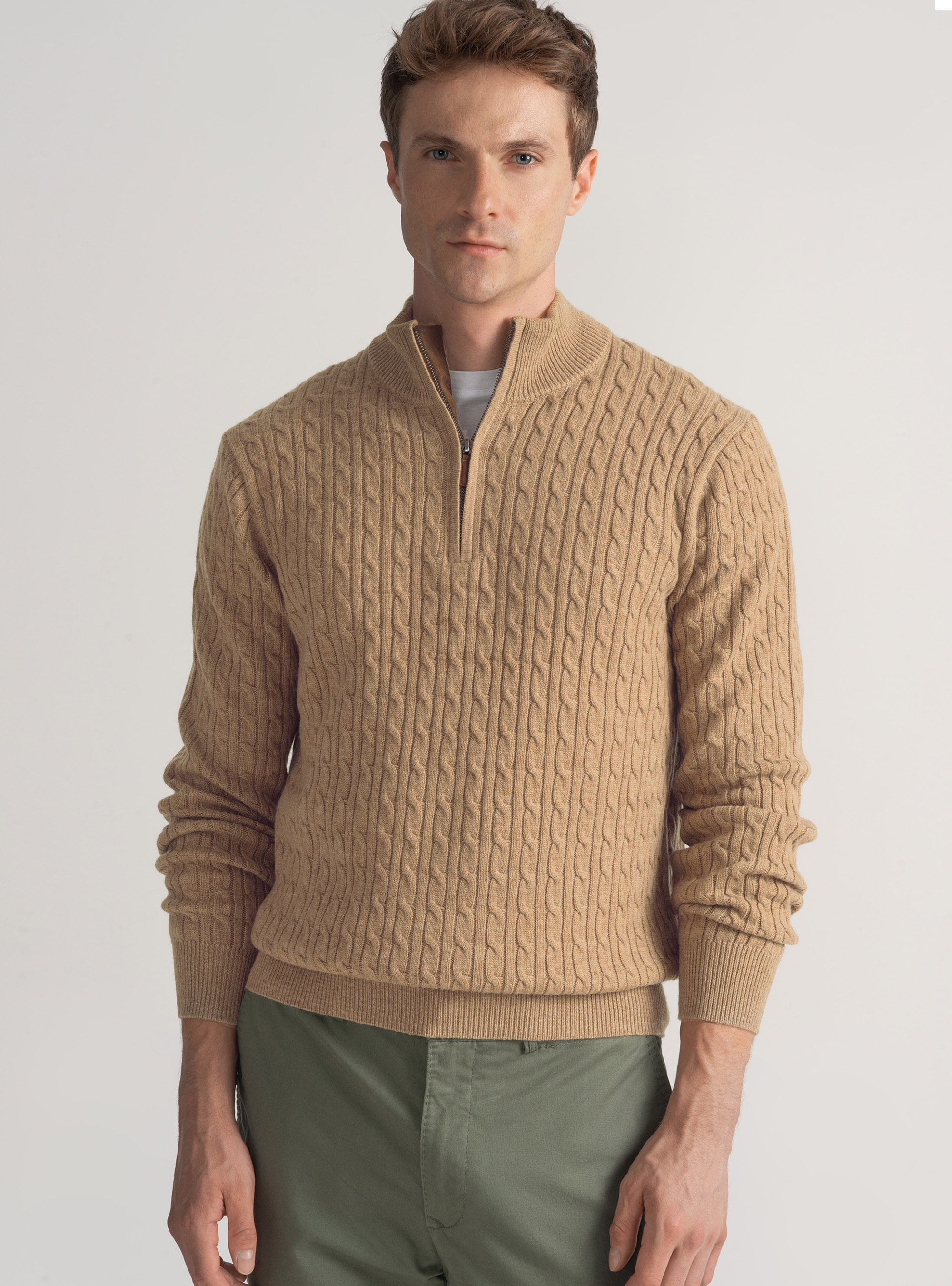 Maglia con collo mock e treccia in misto lana, CAMMELLO 0570C