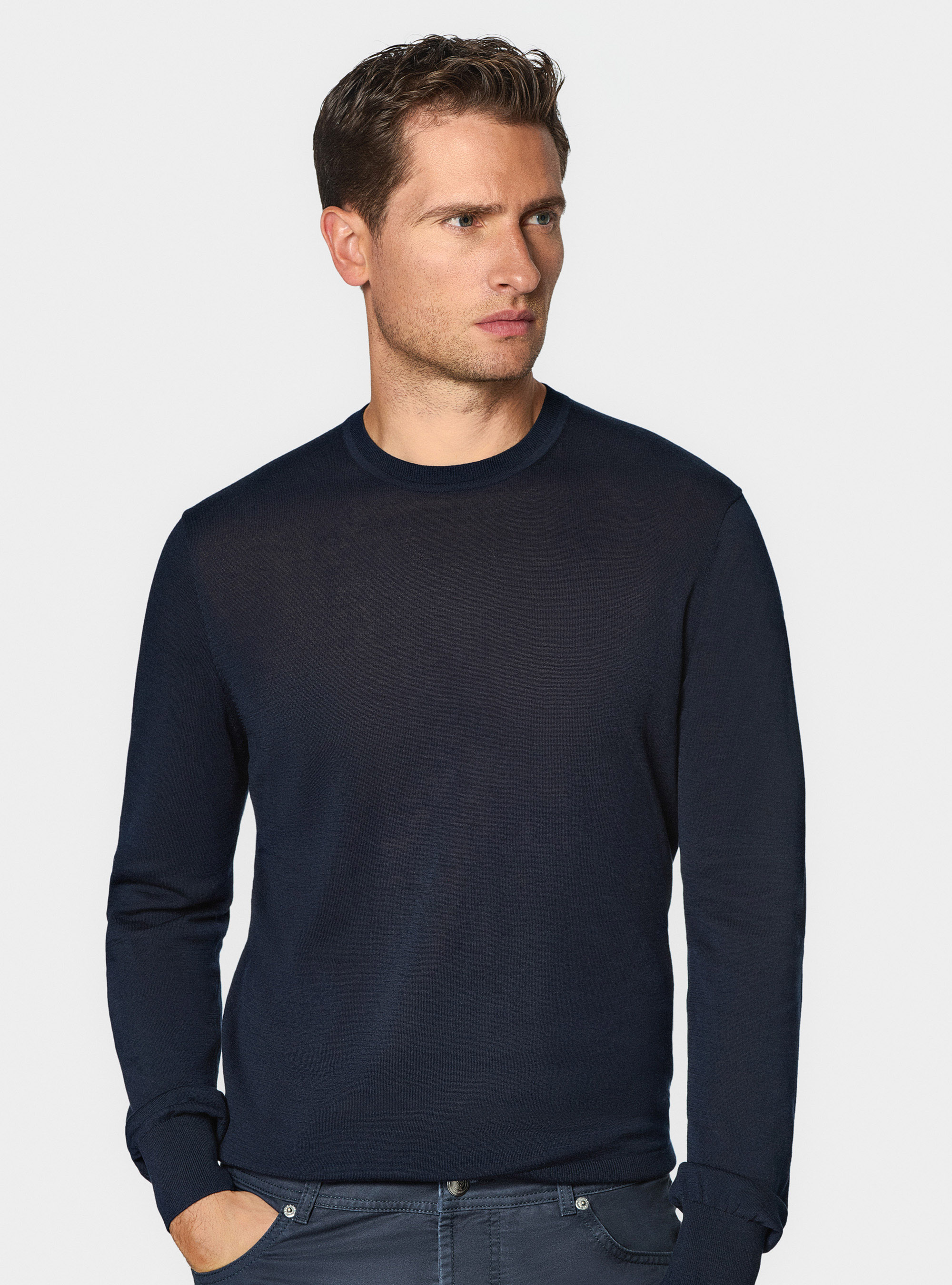 Cotton and silk crew-neck sweater, NAVY BLUE