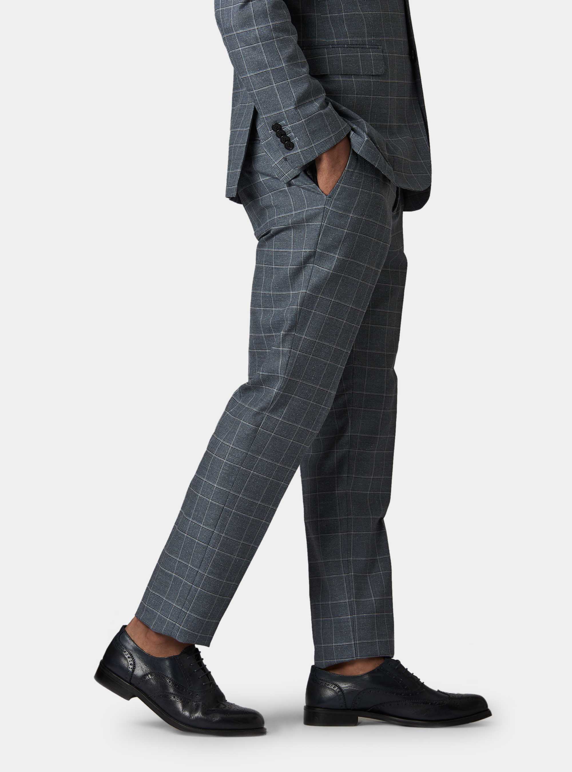 Pantaloni per abito in principe di galles lana bouclè e seta, BLU