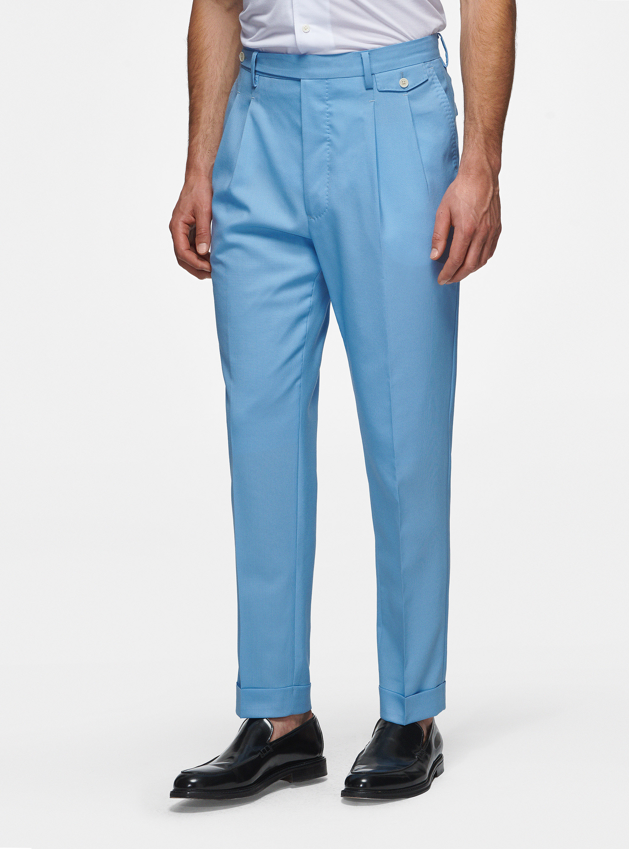 Pantaloni con pince in pura lana, AZZURRO