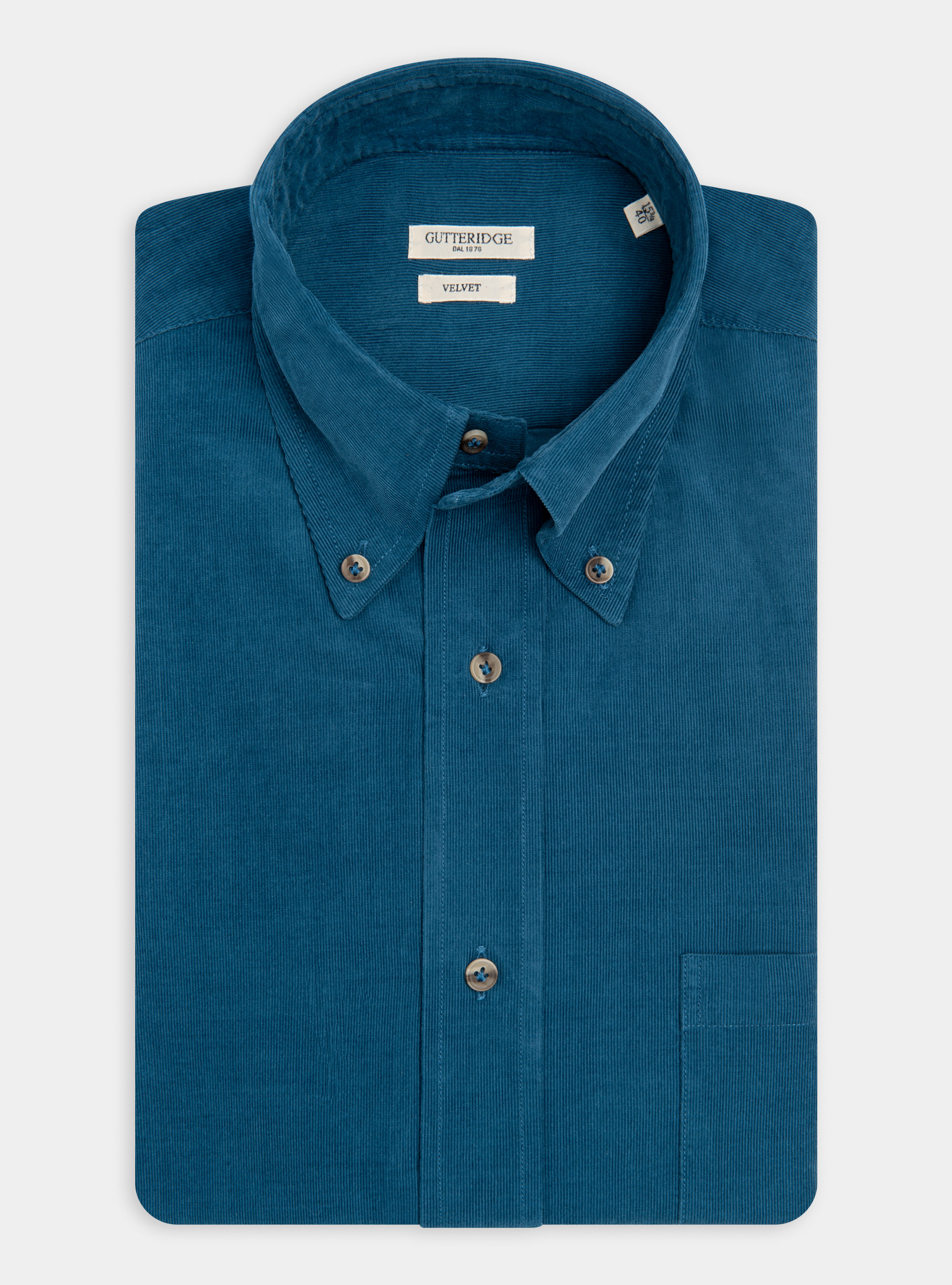 Camicia collo button down in velluto di cotone, PETROLIO