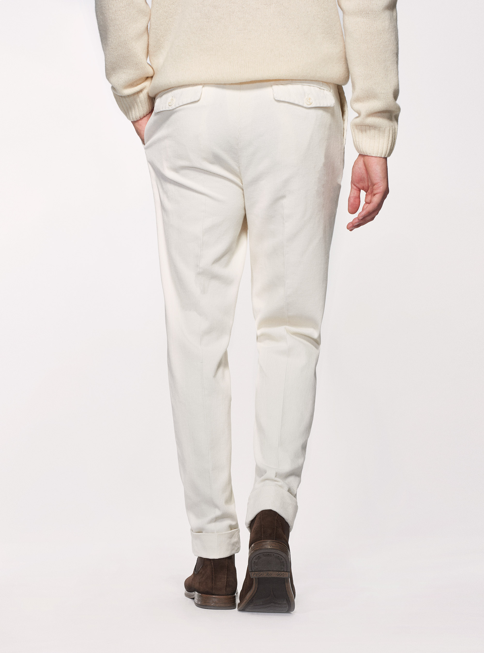 Pantaloni in velluto di cotone con cinturino laterale, PANNA