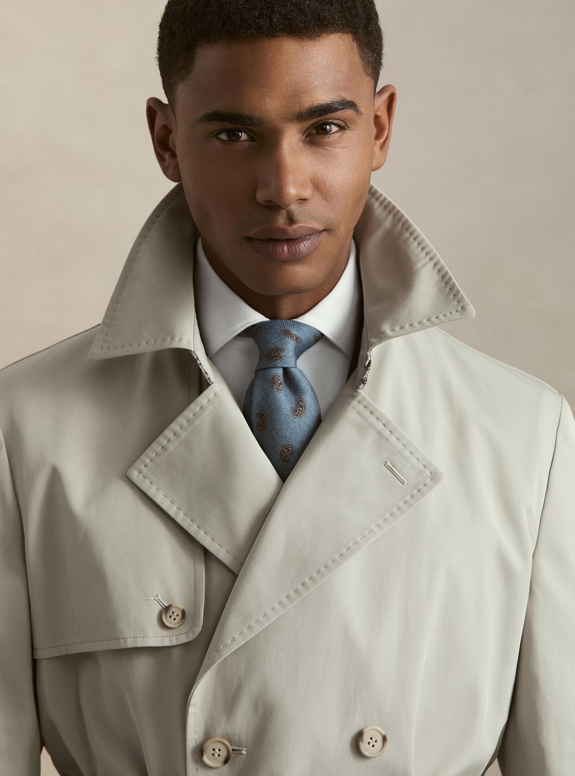 Double-breasted cotton blend trench coat, ECRU