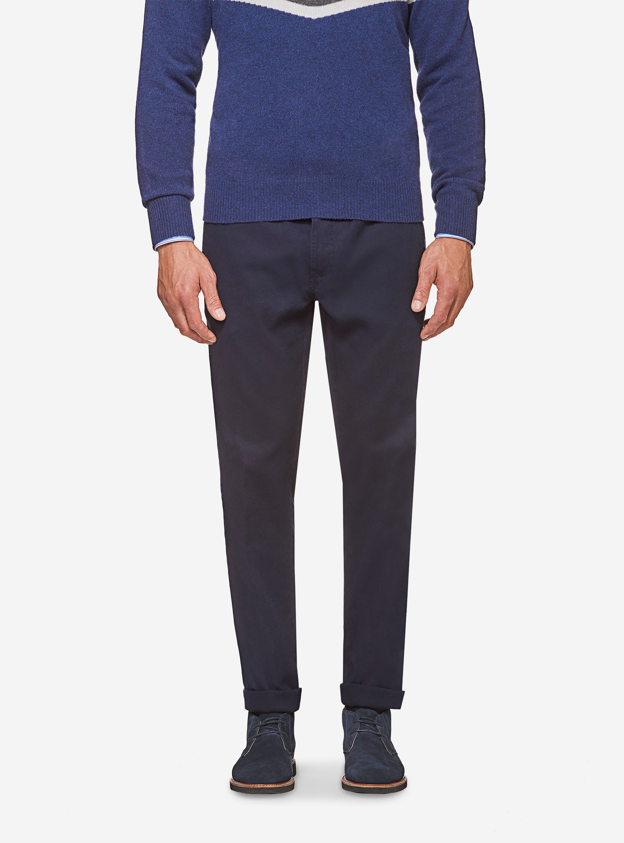 Pantaloni chino slim fit in gabardina armaturata, BLU NAVY