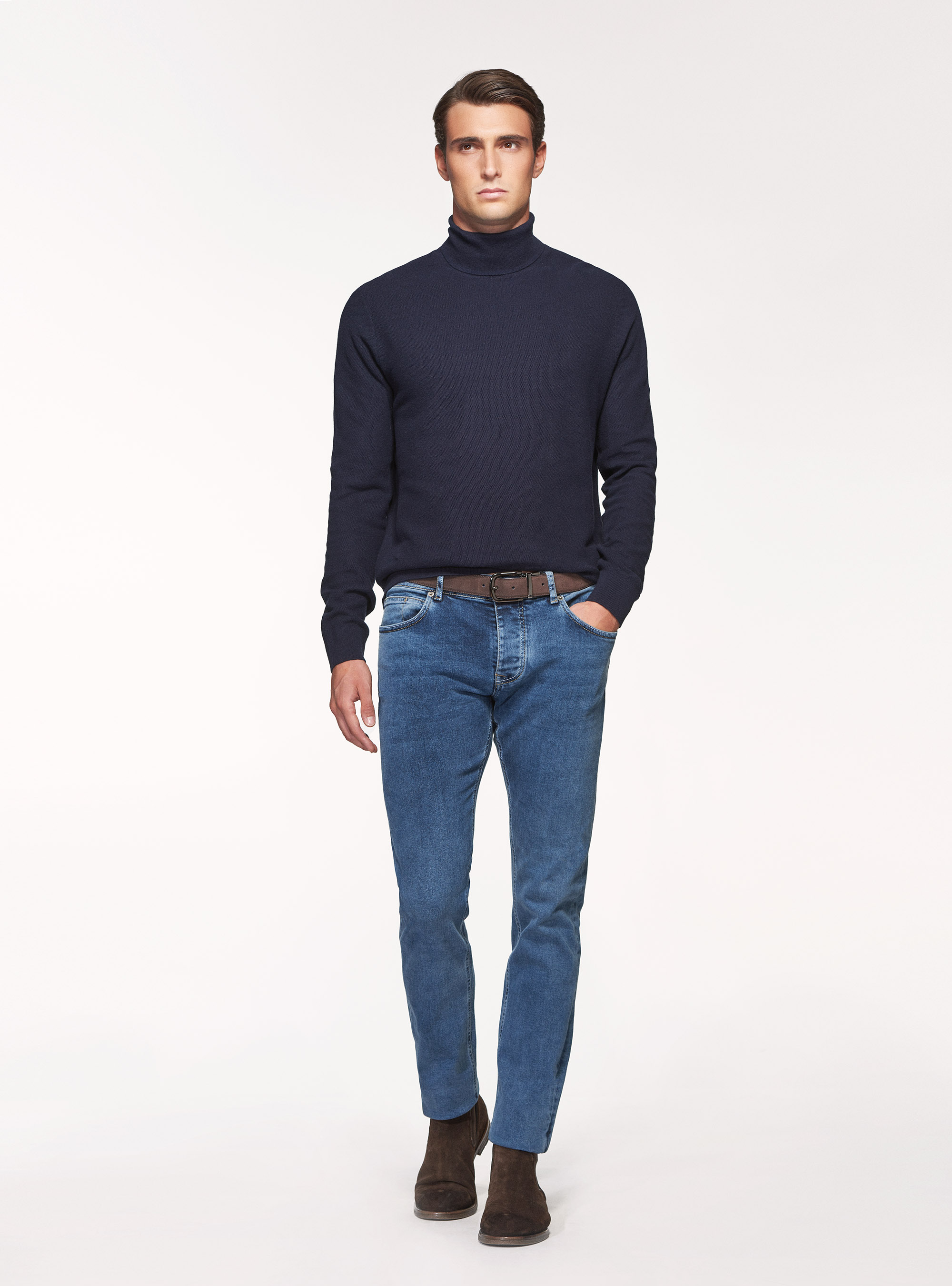 Dolcevita in cotone cashmere punto riso, BLU NAVY