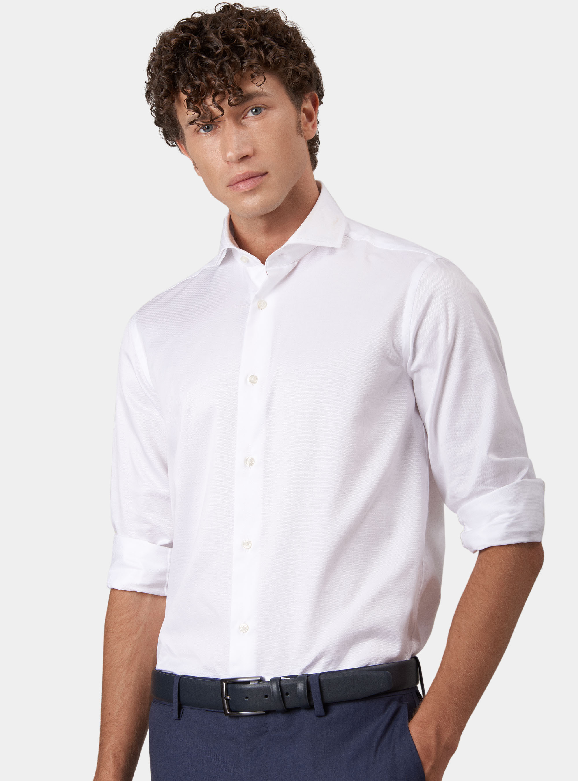 Camicia collo francese in cotone stretch armaturato, BIANCO