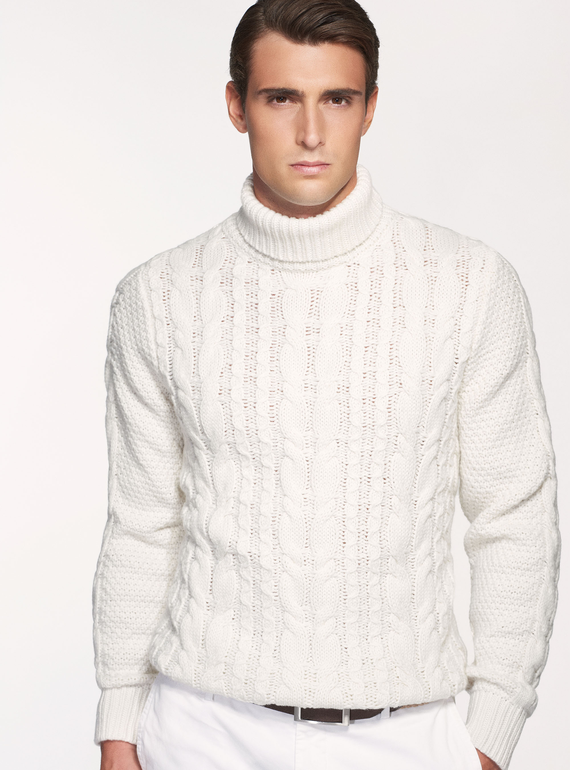 Maglia collo alto in misto lana a treccia, BIANCO