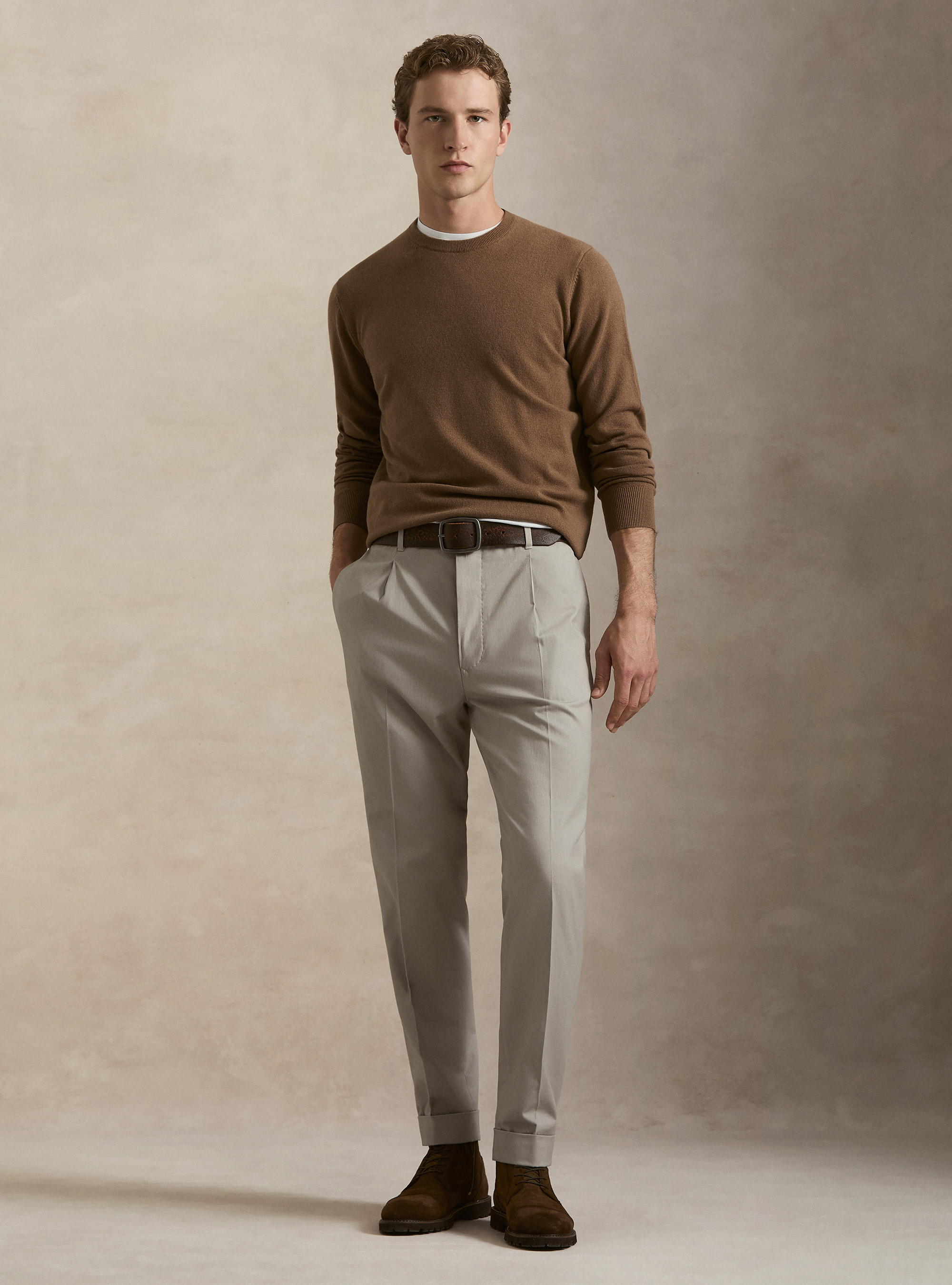 Lambswool and cashmere crewneck sweater, HAZELNUT