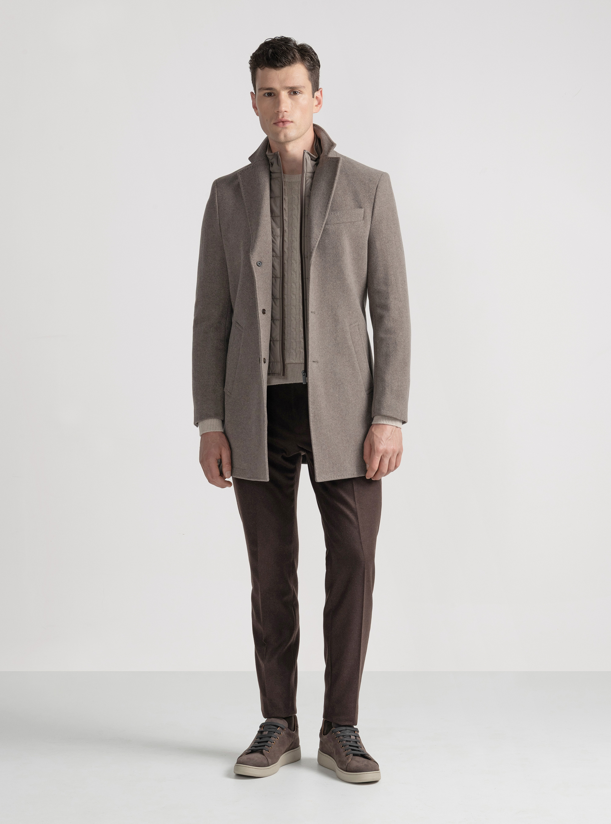 Cappotto misto lana con pettorina, FANGO