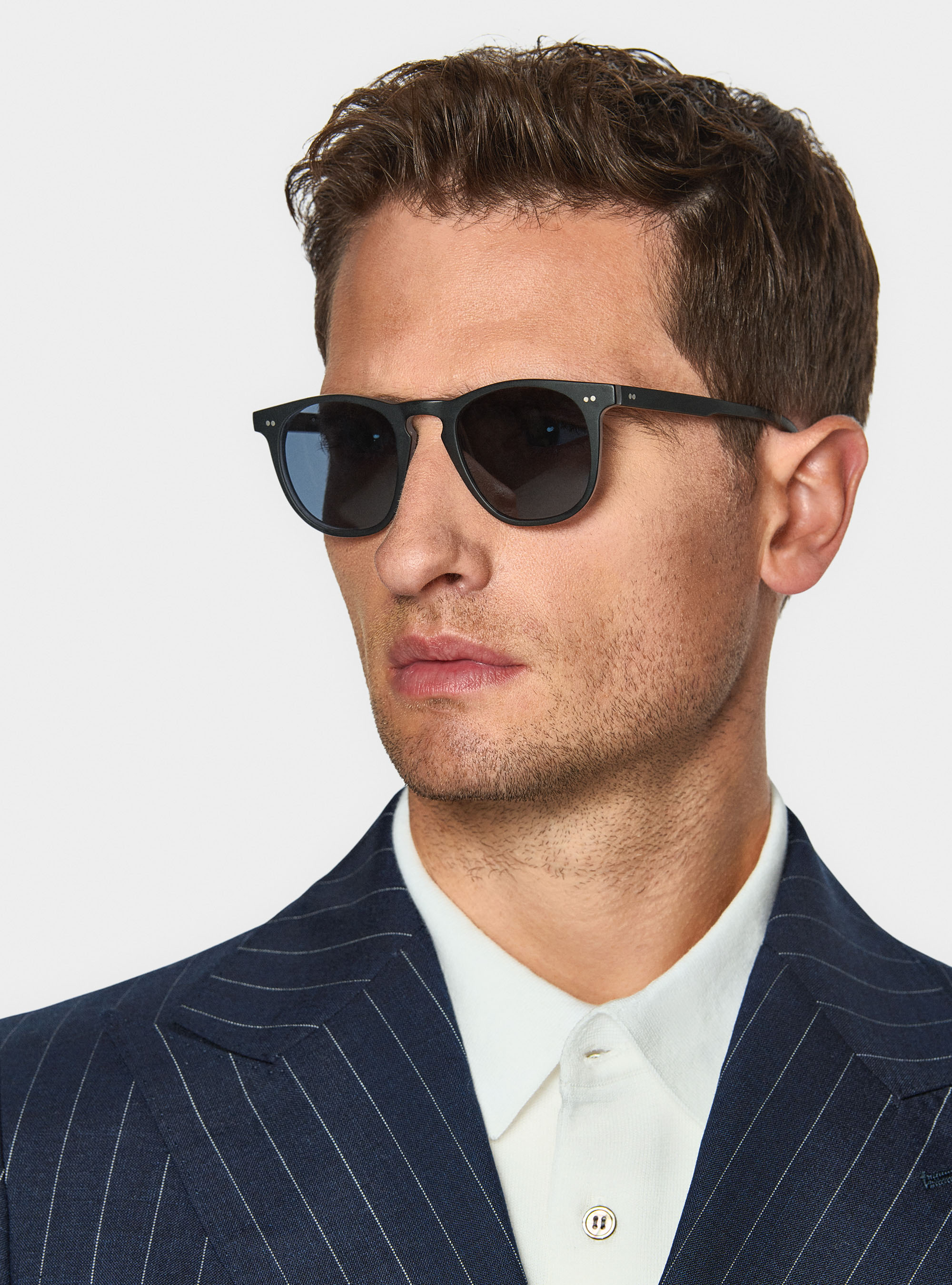 Pure wool pinstripe double-breasted suit blazer, NAVY BLUE