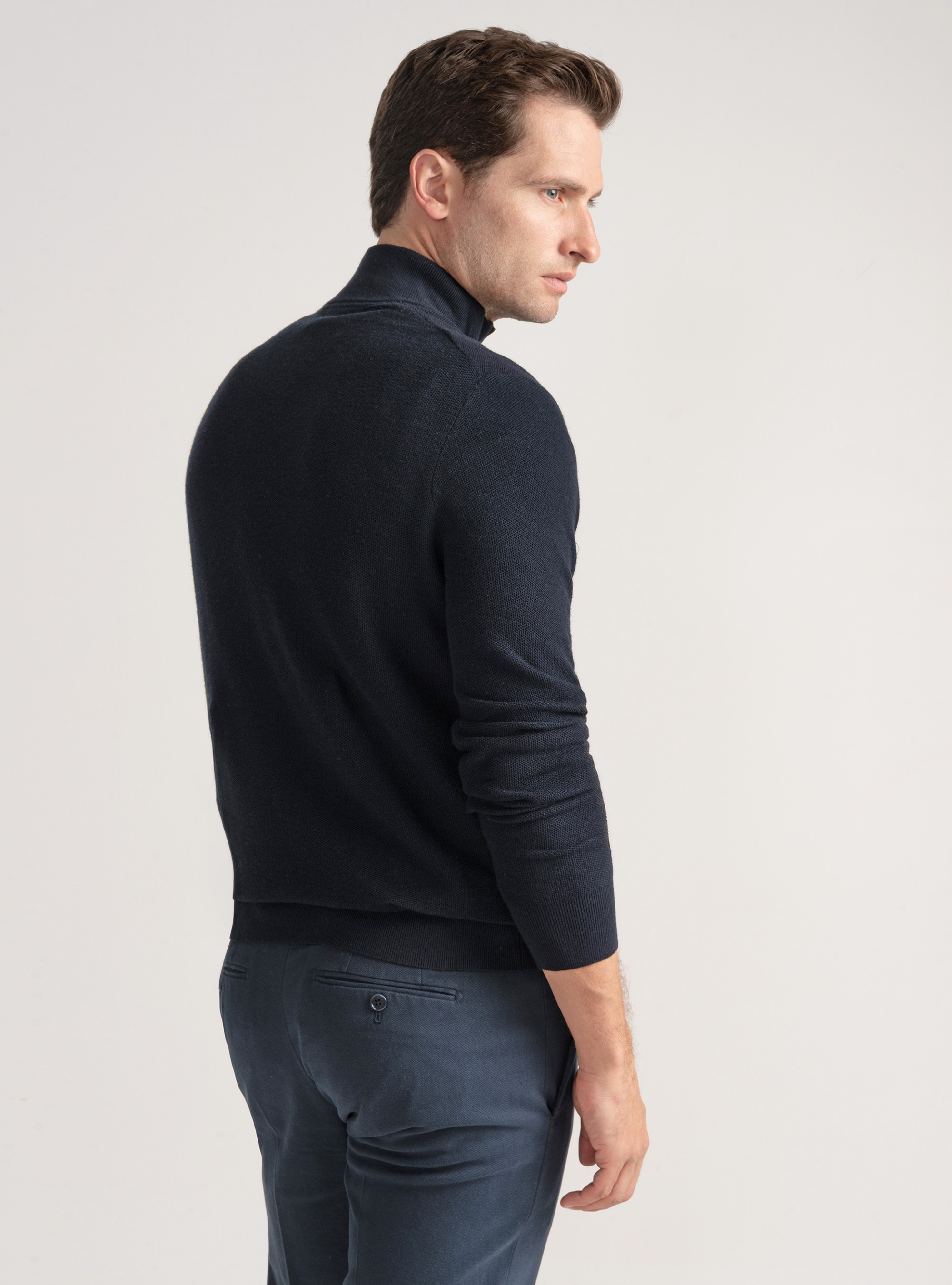 Maglia mock neck nido d'ape in cotone cashmere, BLU NAVY
