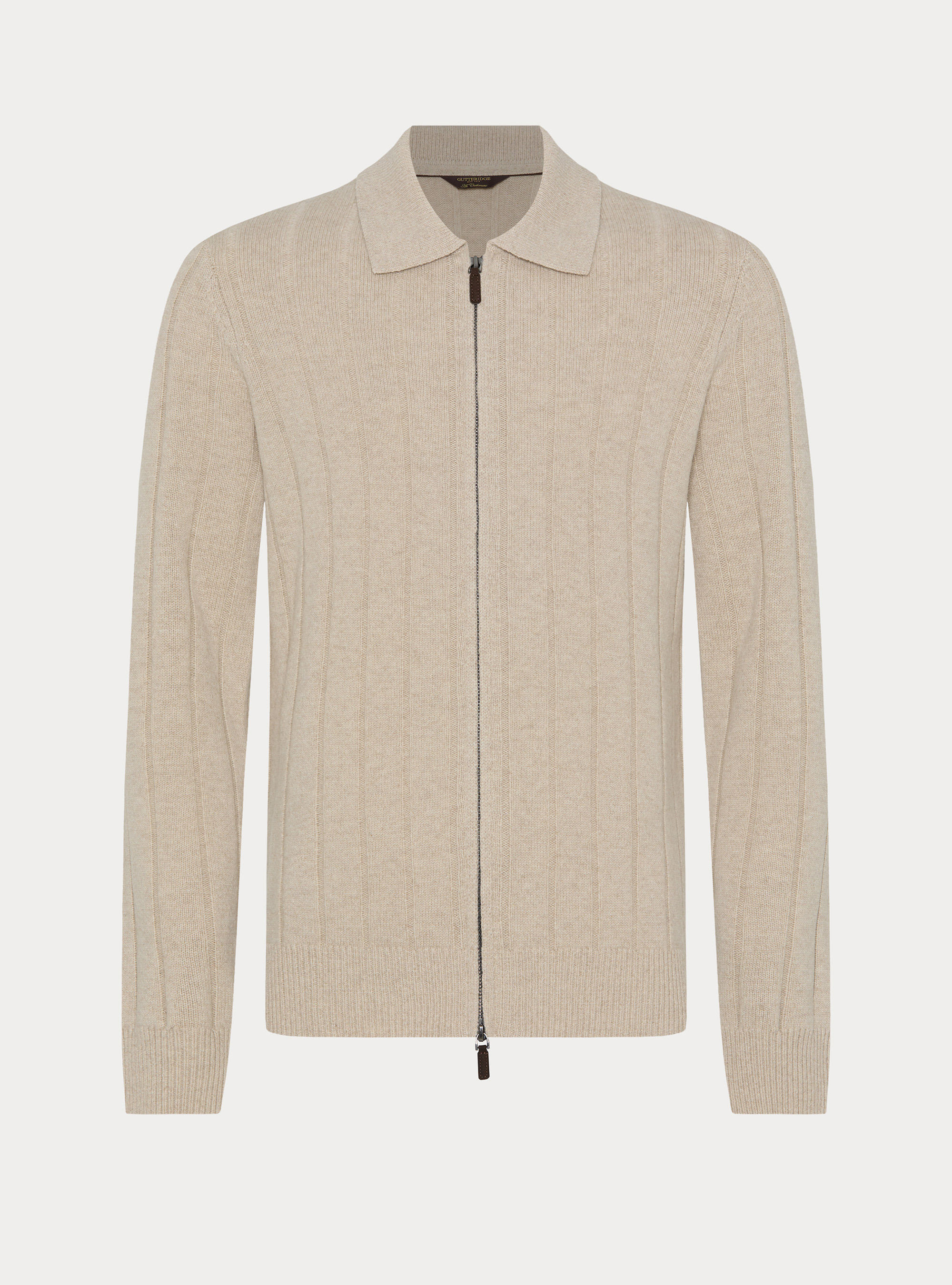 Full-zip wool-cashmere flat-ribbed sweater, ECRU
