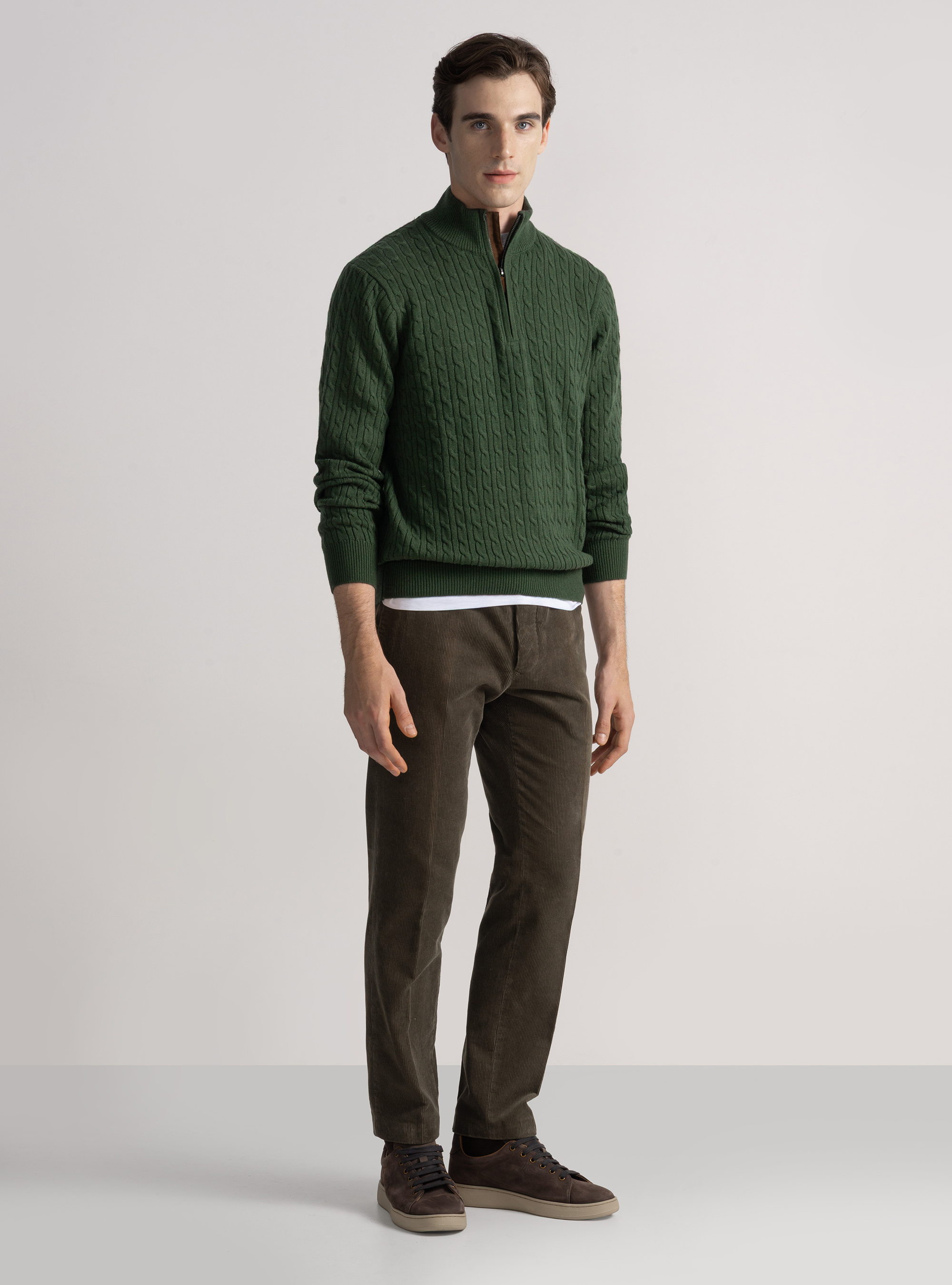 Maglia con collo mock e treccia in misto lana, MILITARE 0609C