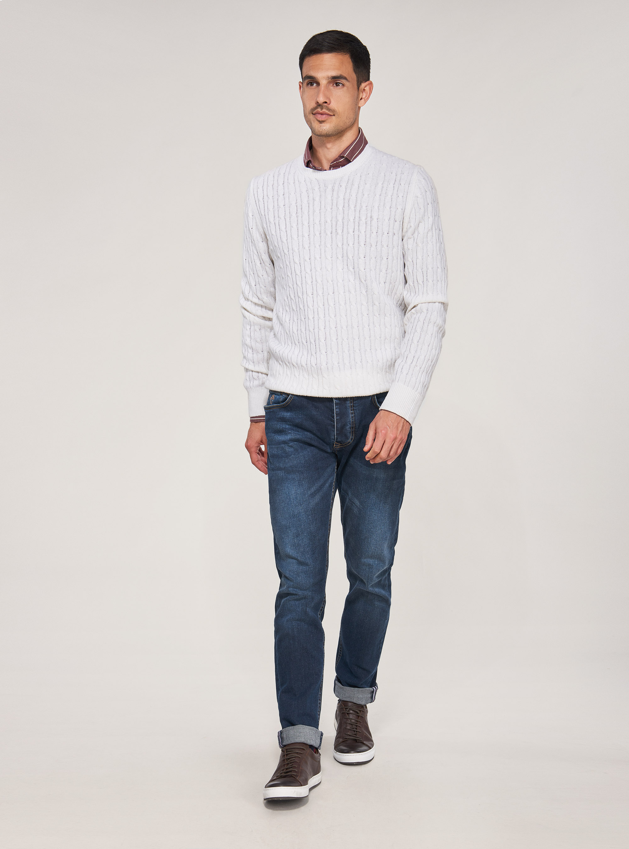 Pull tressé en laine cachemire, BLANC