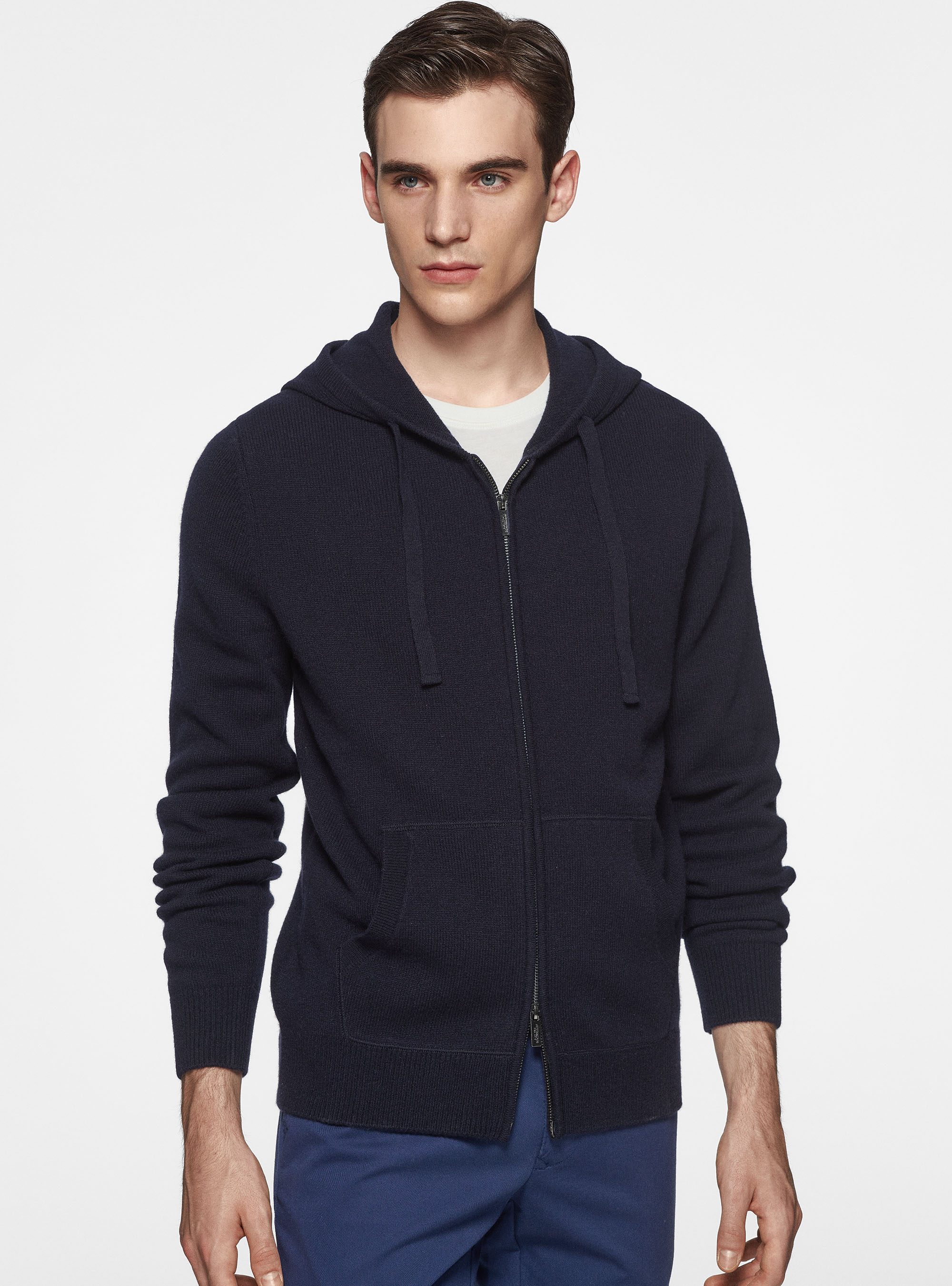 Cardigan in maglia con cappuccio in lana merino, BLU NAVY