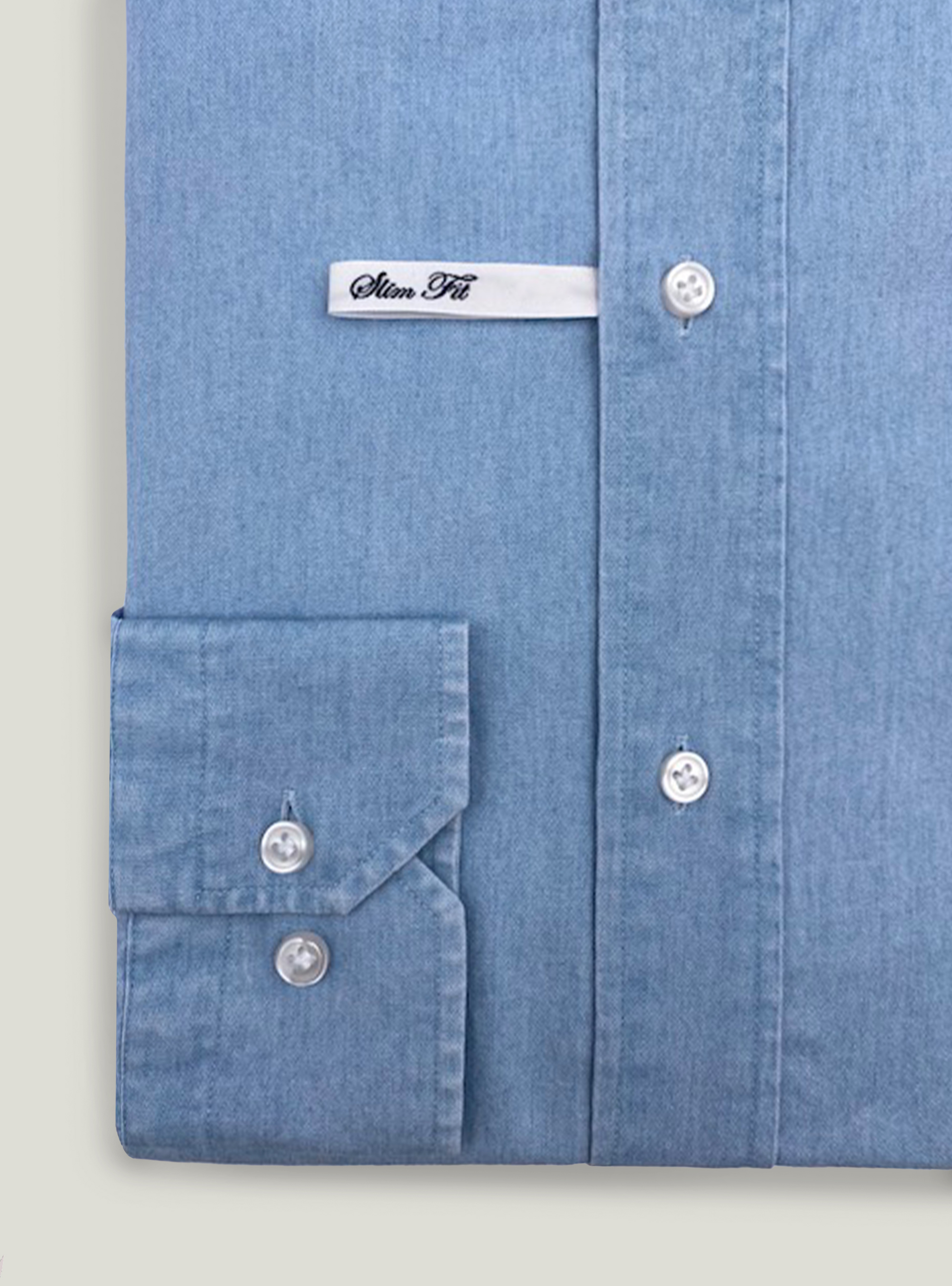 Camicia collo francese semiaperto in chambray, AZZURRO