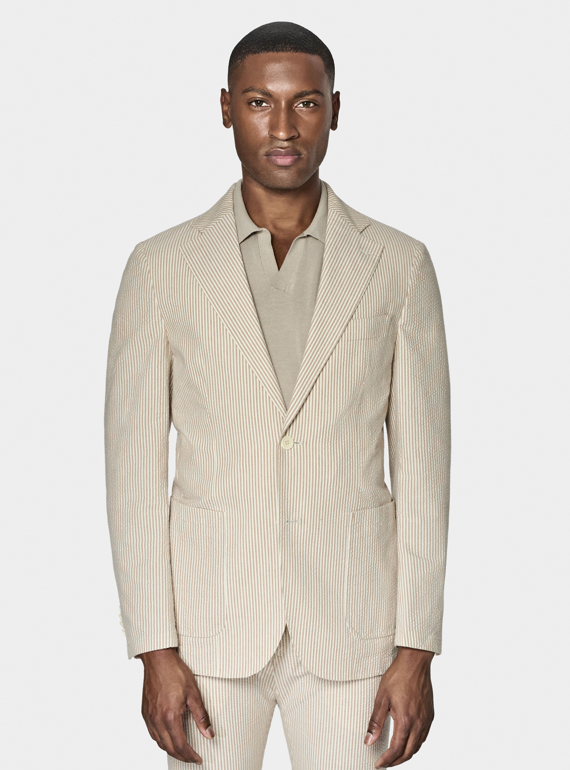 Giacca rigata in cotone seersucker, SABBIA