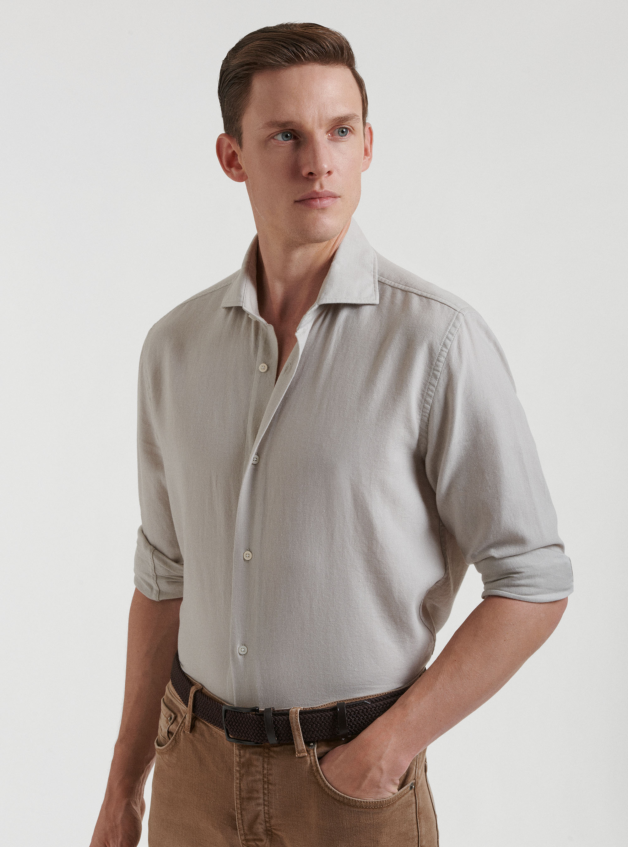Semi-French collar shirt in pure gauzed cotton, ECRU