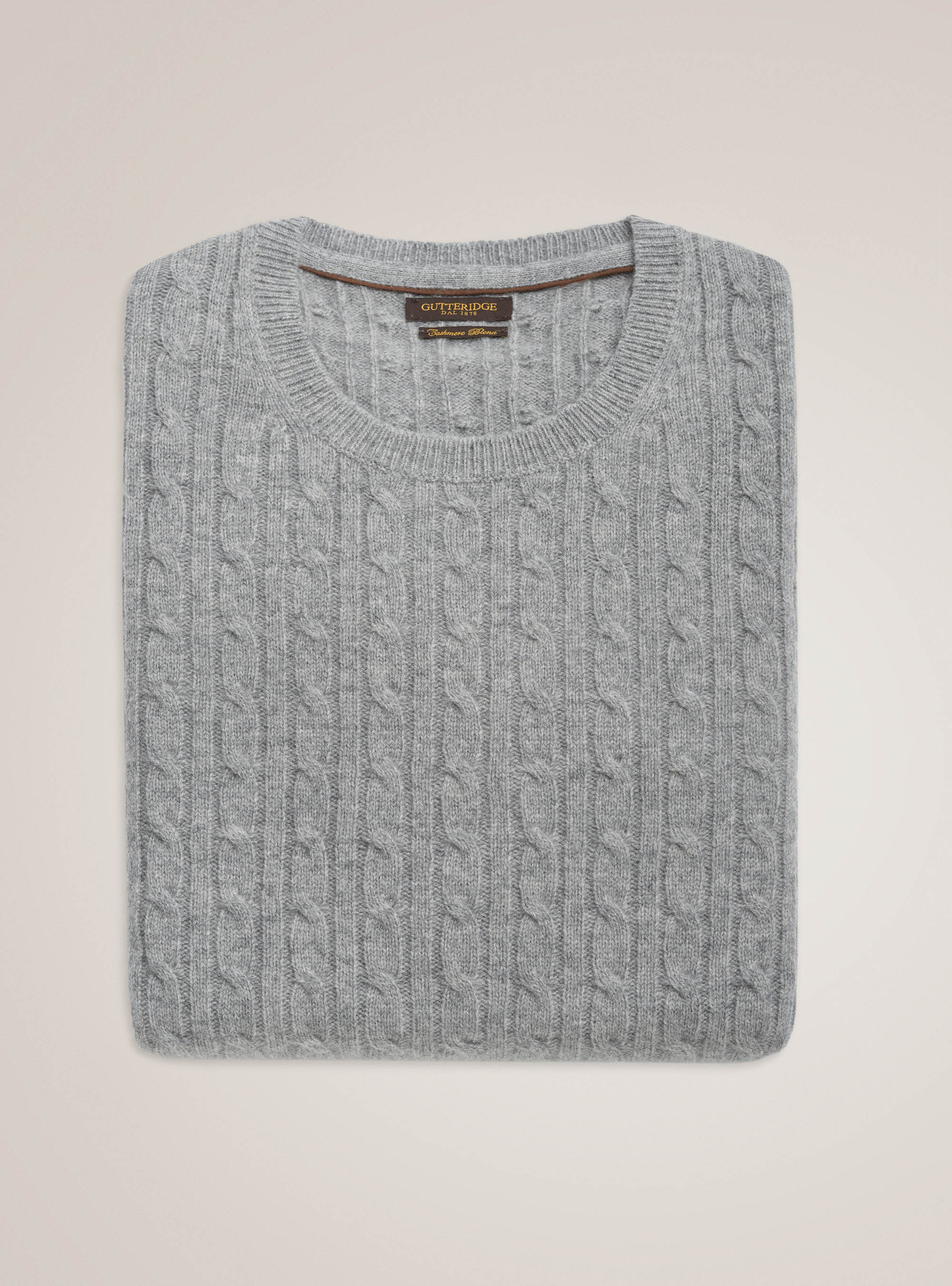 Crew-neck wool lambswool and cashmere sweater with braids, LIGHT GREY MELANGE