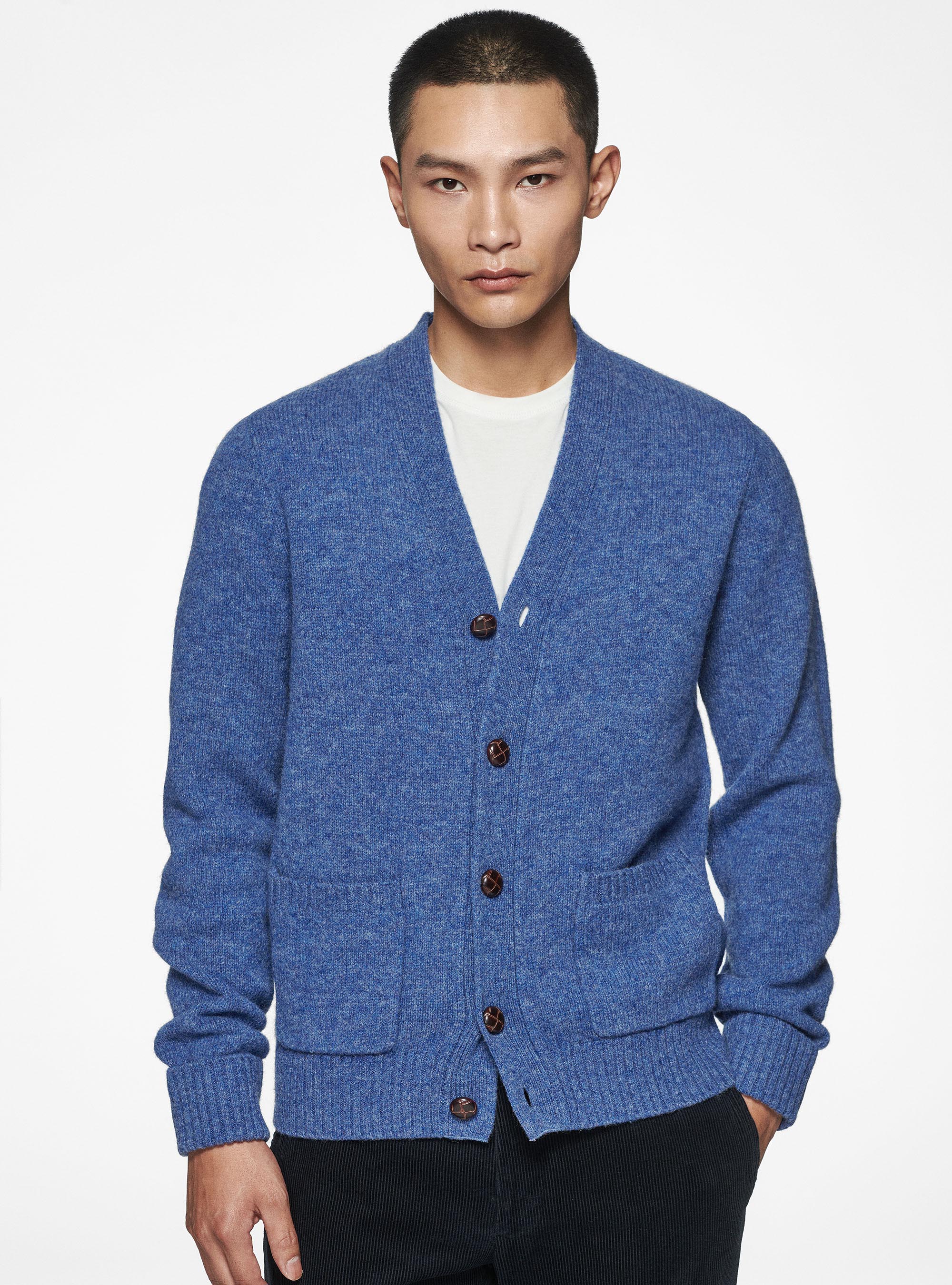 Shetland wool knit cardigan, 0243C DENIM