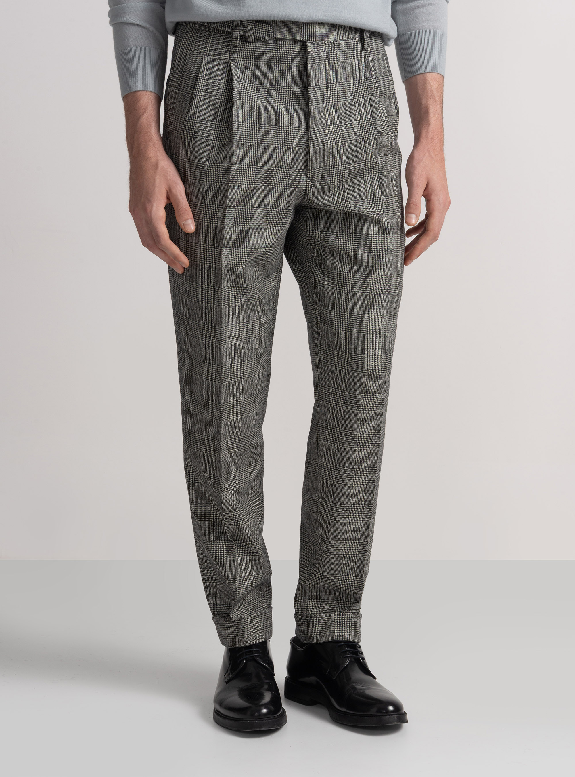 Pantaloni con pince a fantasia in misto lana