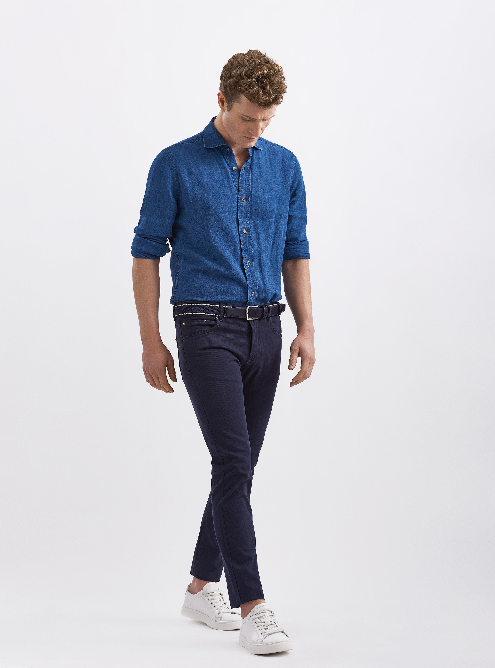 Pantaloni tipo denim 5 tasche in cotone, BLU NAVY