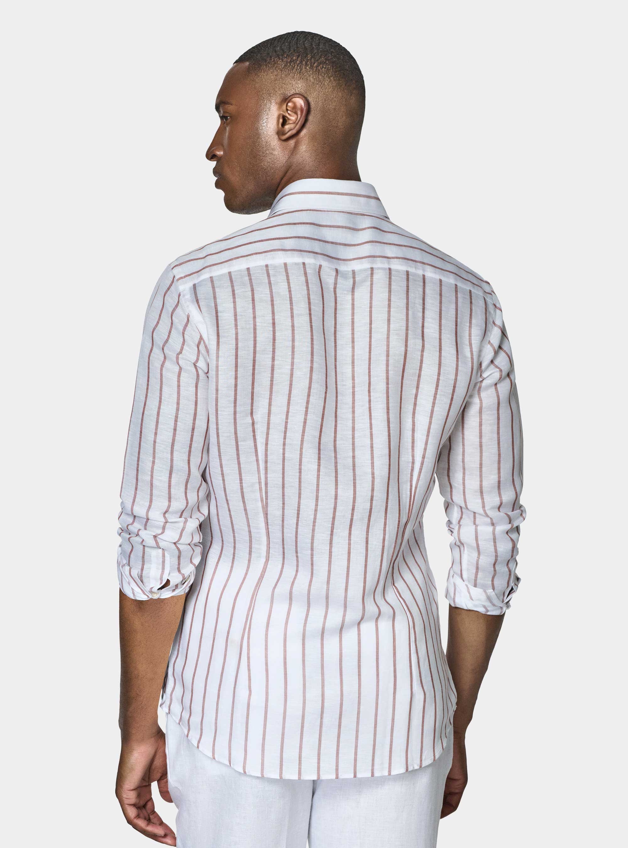 Camicia rigata in misto lino, MARRONE