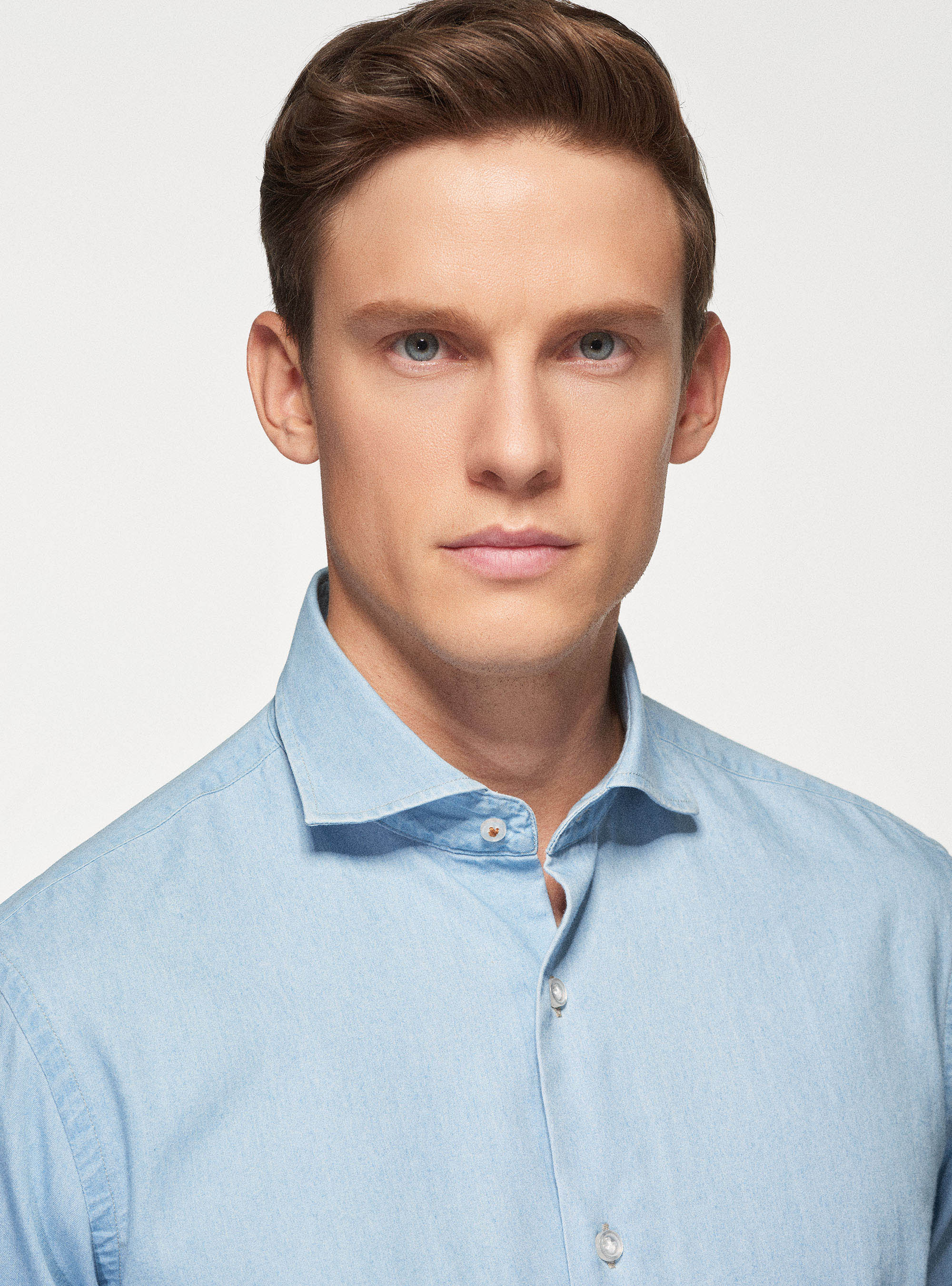 Camicia collo semi francese in cotone chambray, AZZURRO