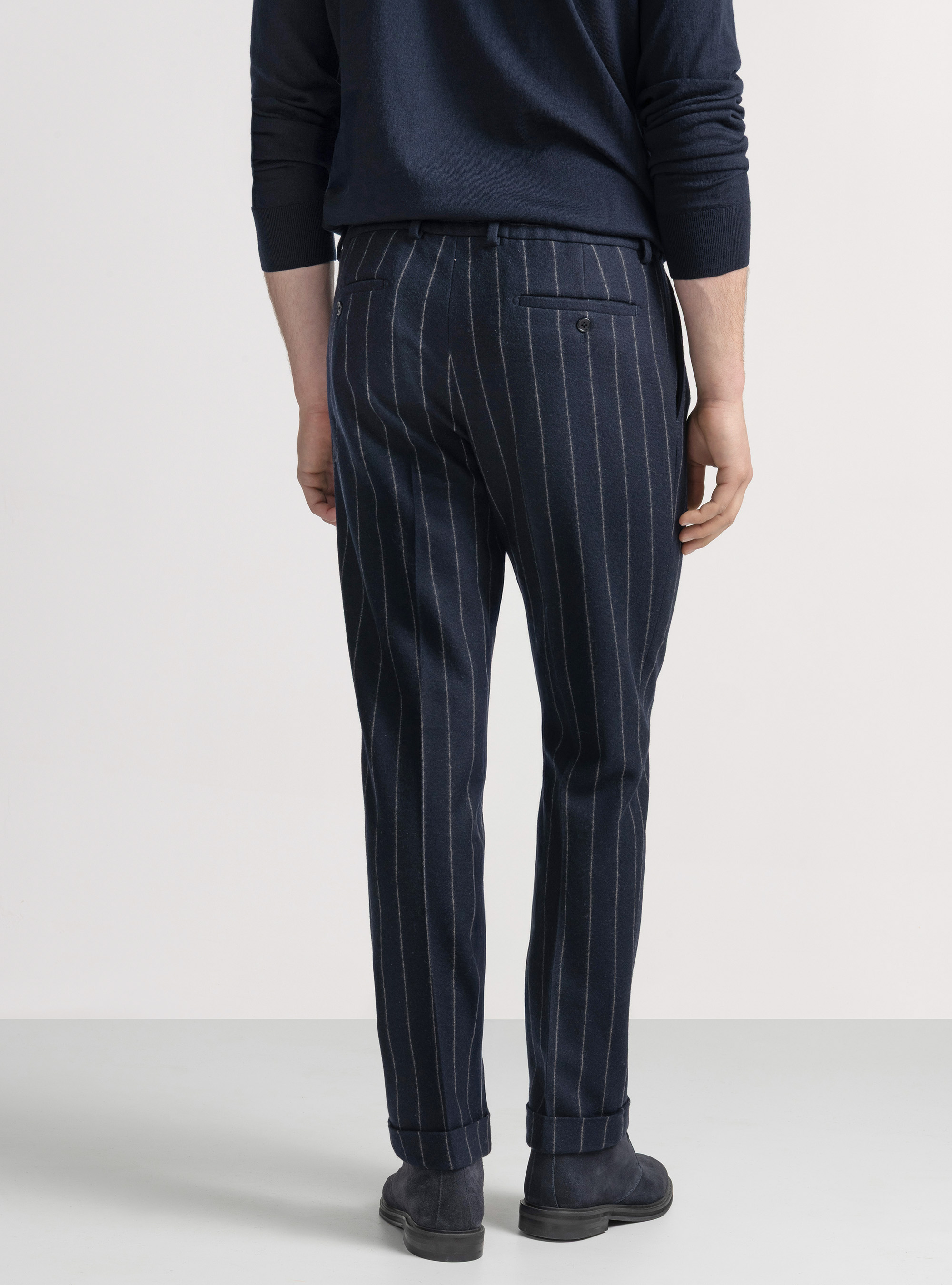 Pantalon de costume à double boutonnage en jersey à rayures, BLEU MARINE