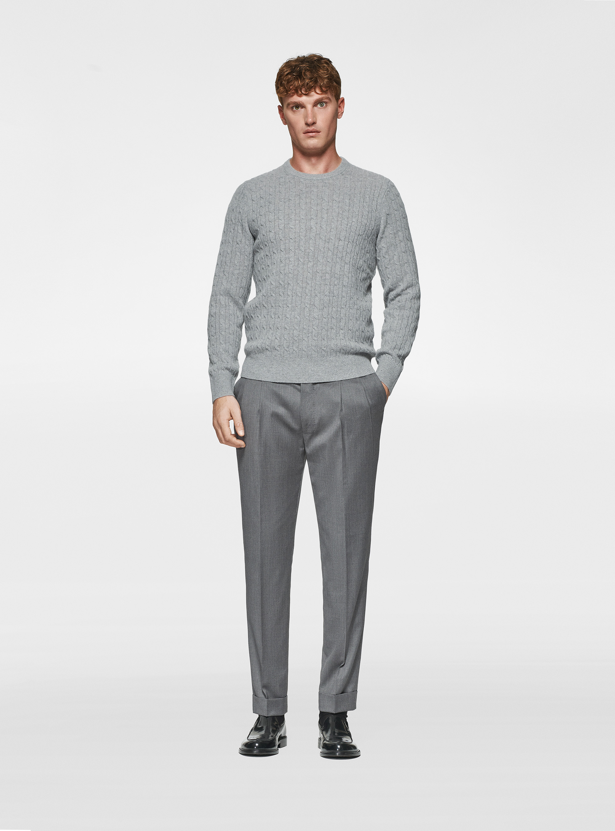 Maglia girocollo in lana cashmere a treccia, GRIGIO MELANGE 0151C