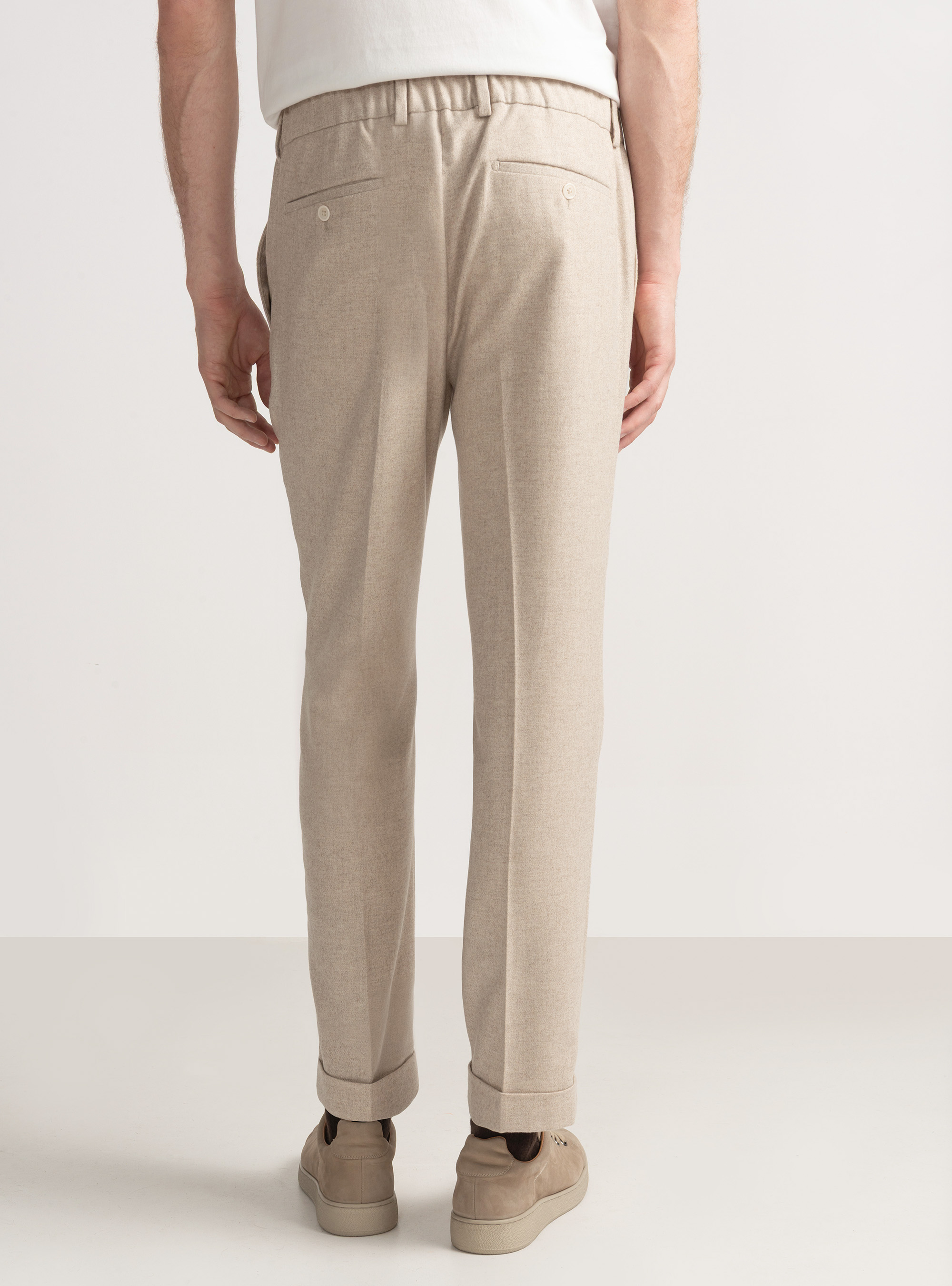 Pantaloni leggeri con pince e coulisse in misto lana, ECRU