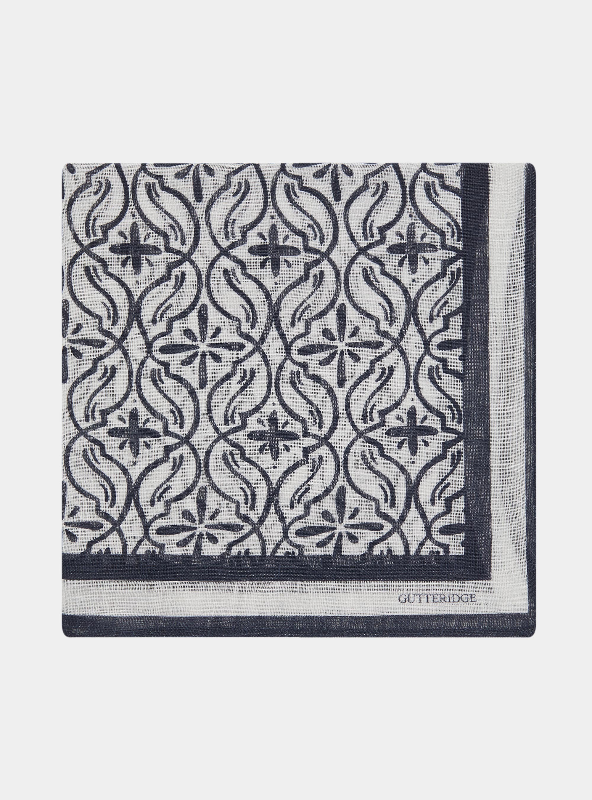 Printed linen majolica foulard, NAVY BLUE