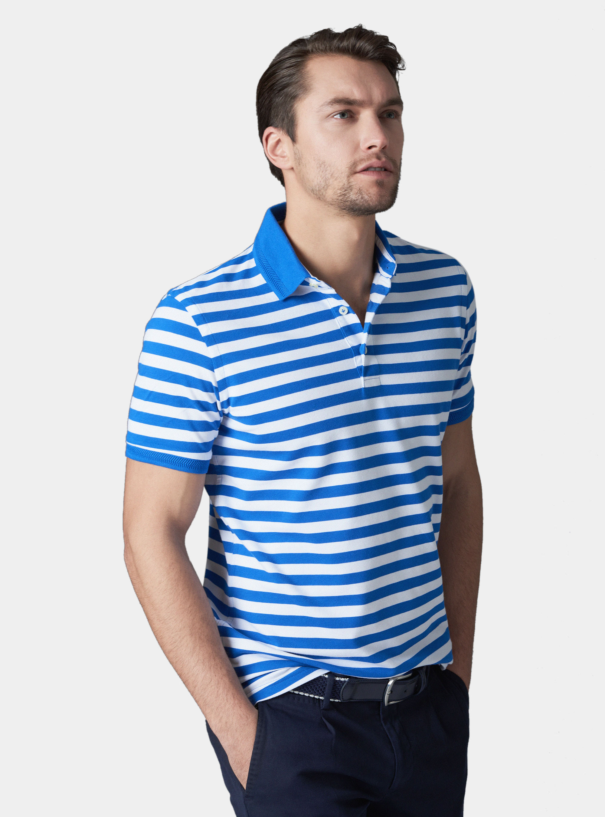 Polo de rayas en algod&oacute;n piquet stretch, AZUL ROYAL