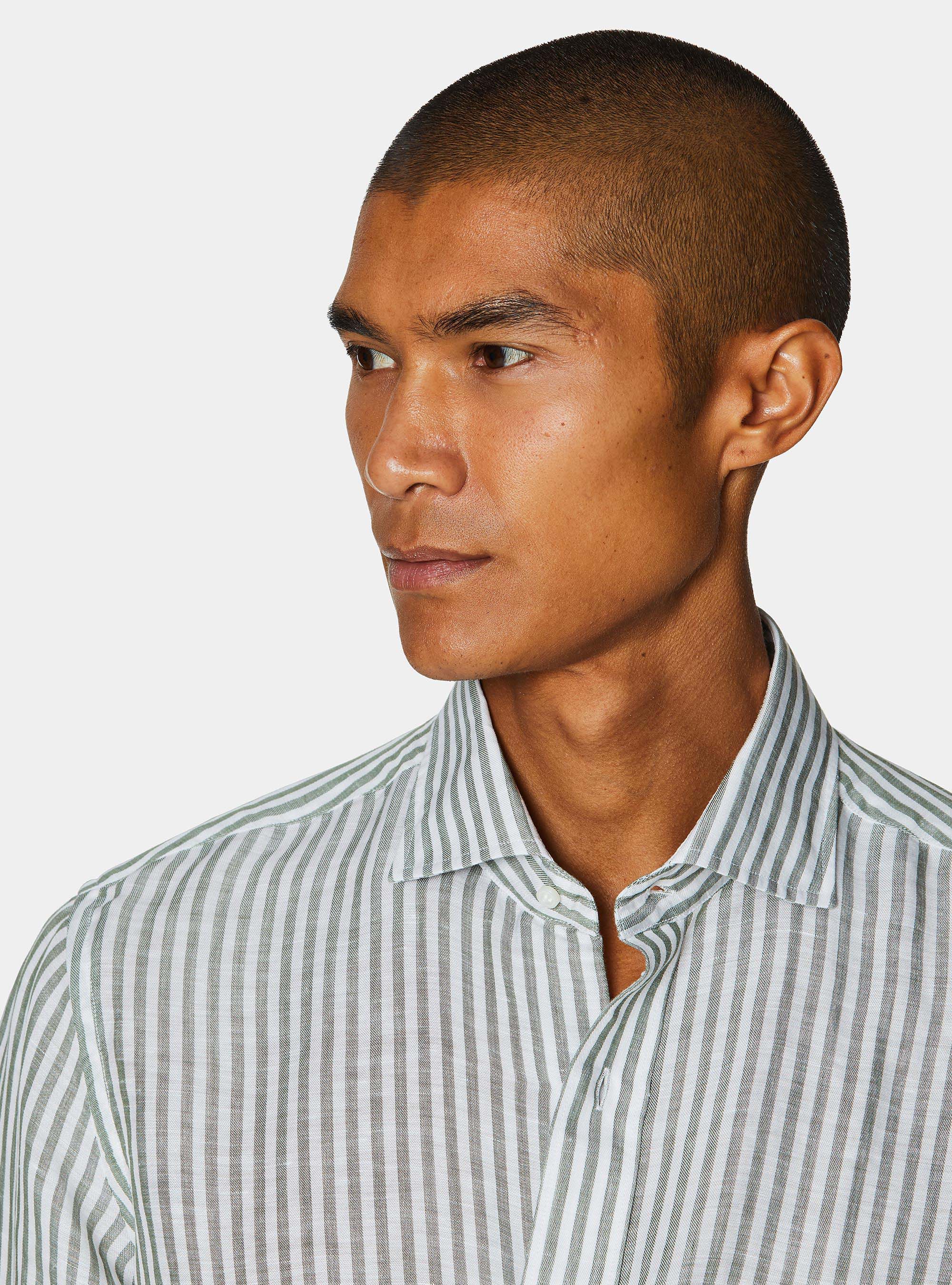 Camicia rigata in misto lino, VERDE