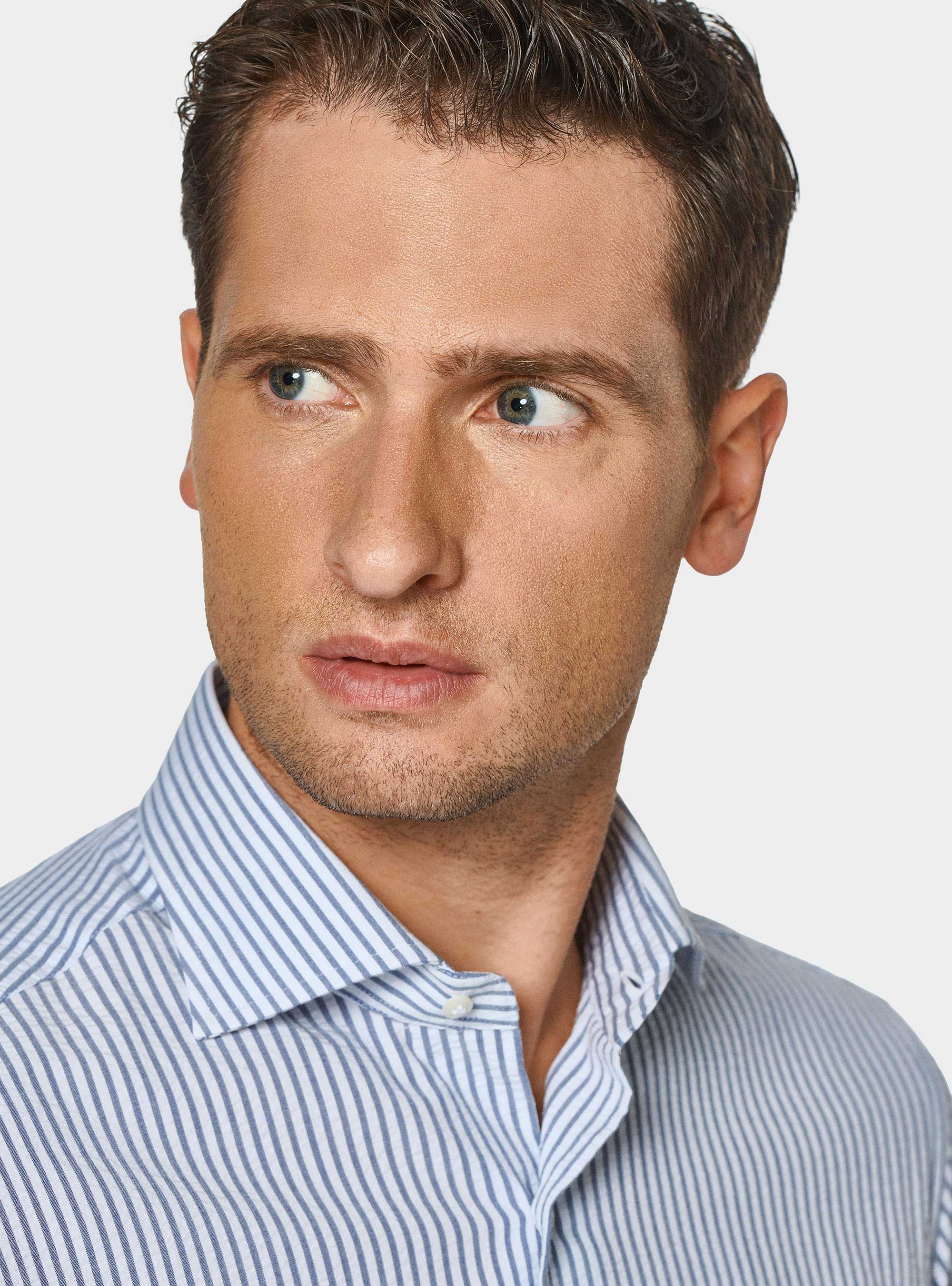 Camicia rigata in misto cotone seersucker, BLU